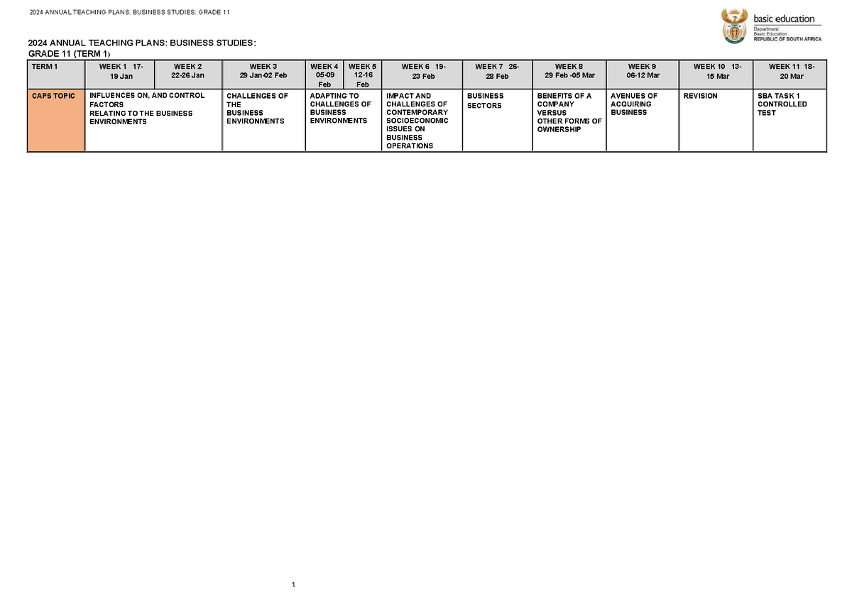 2024 Grade 11 ATP 2024 ANNUAL TEACHING PLANS BUSINESS STUDIES GRADE