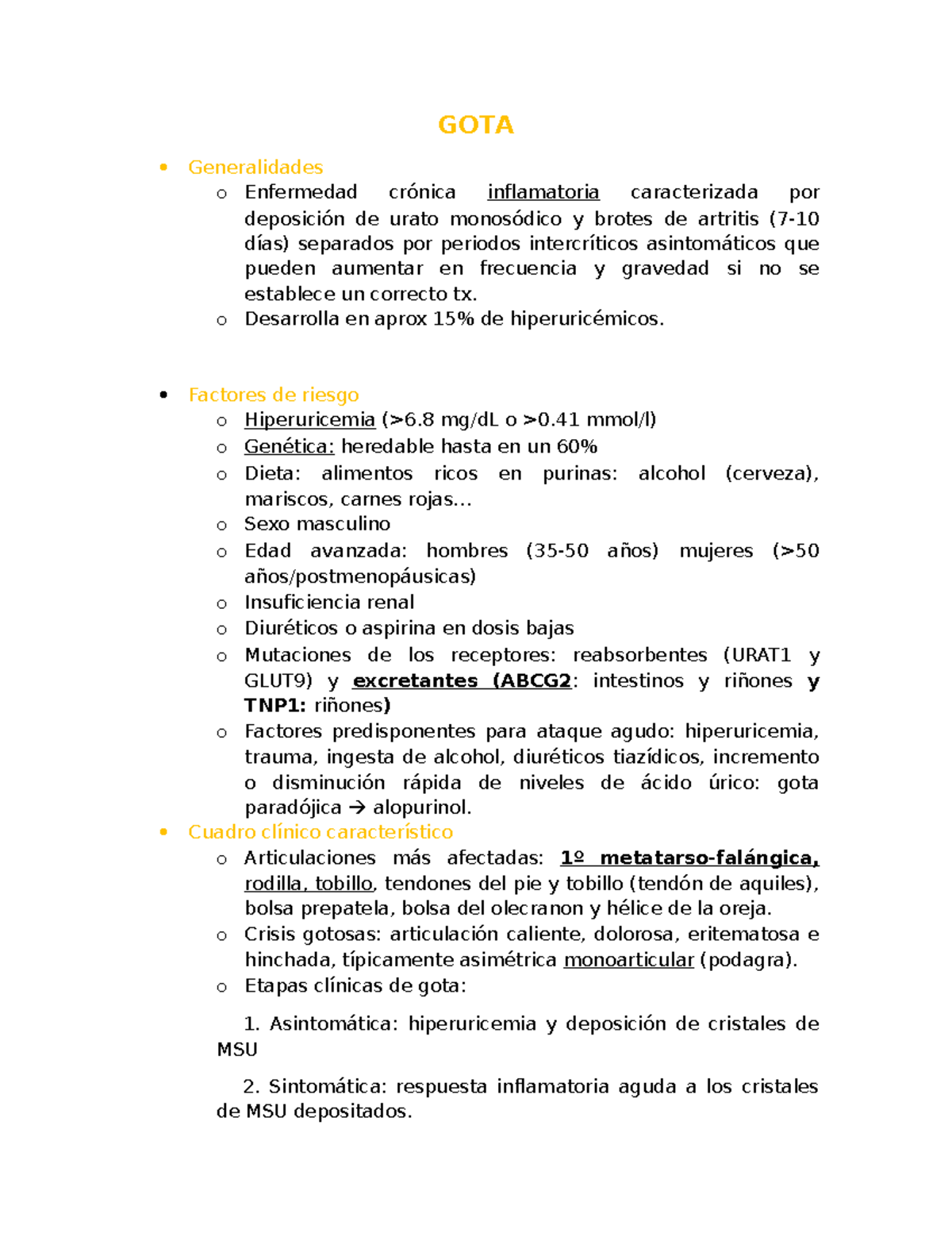 Repaso Unidad I - GOTA Generalidades o Enfermedad crónica inflamatoria ...