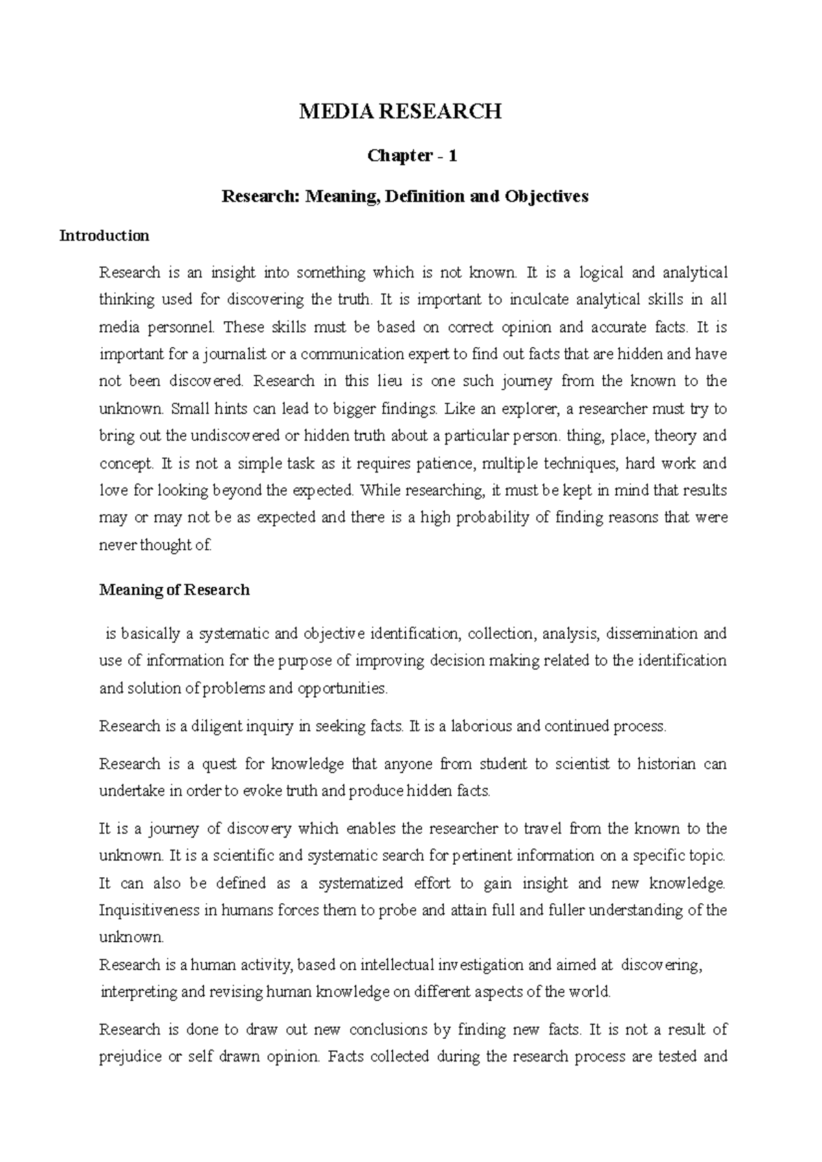 Media Research Unit I Notes on Unit1 MEDIA RESEARCH Chapter 1 Research Meaning