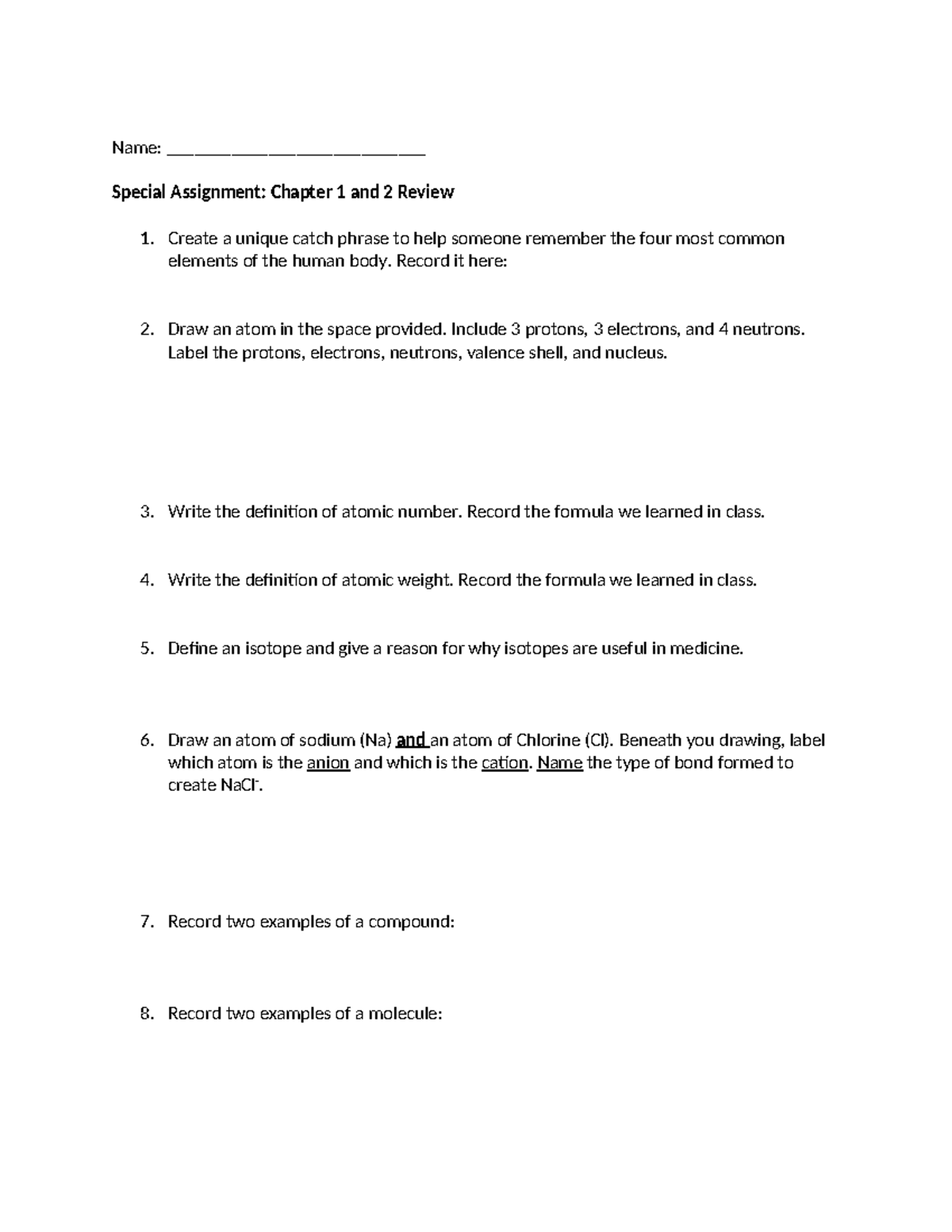 Intro to ap and intro to chemistry questions name