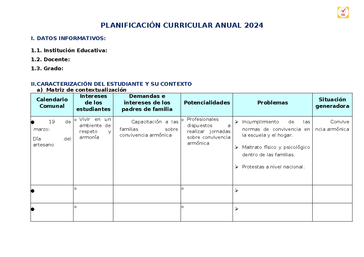 Esquema sugerido de PCA - PLANIFICACIÓN CURRICULAR ANUAL 2024 I. DATOS ...