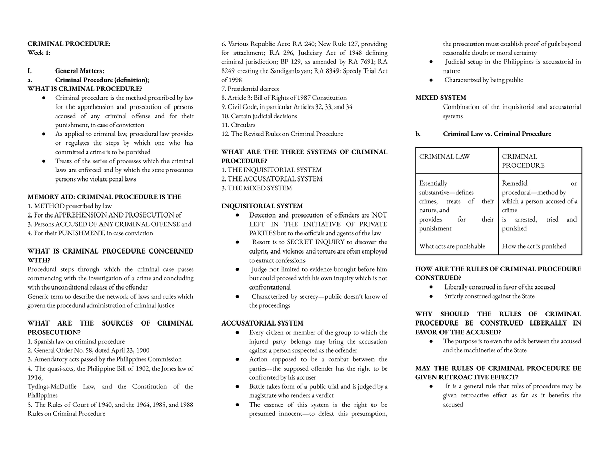 Crim Procedure - CRIMINAL PROCEDURE: Week 1: I. General Matters: a ...