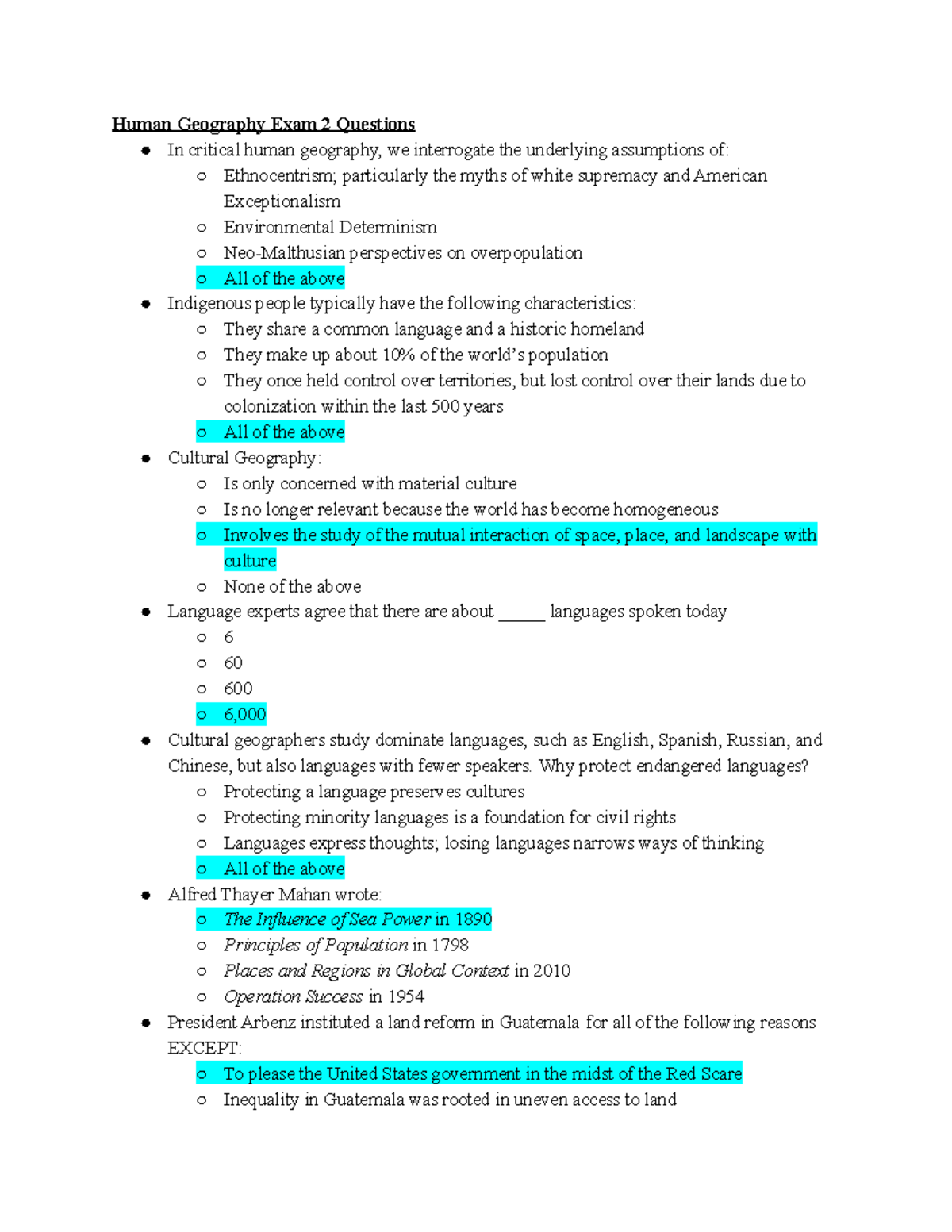 Human Geography Exam 2 Questions Key Human Geography Exam 2 Questions