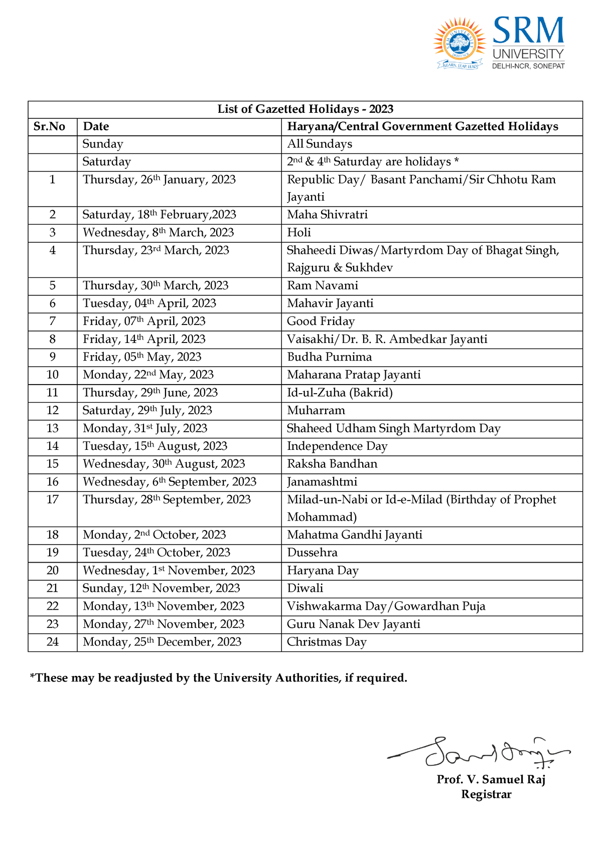 List of Gazetted Holidays 2023 for SRM University Delhi NCR Sonepat