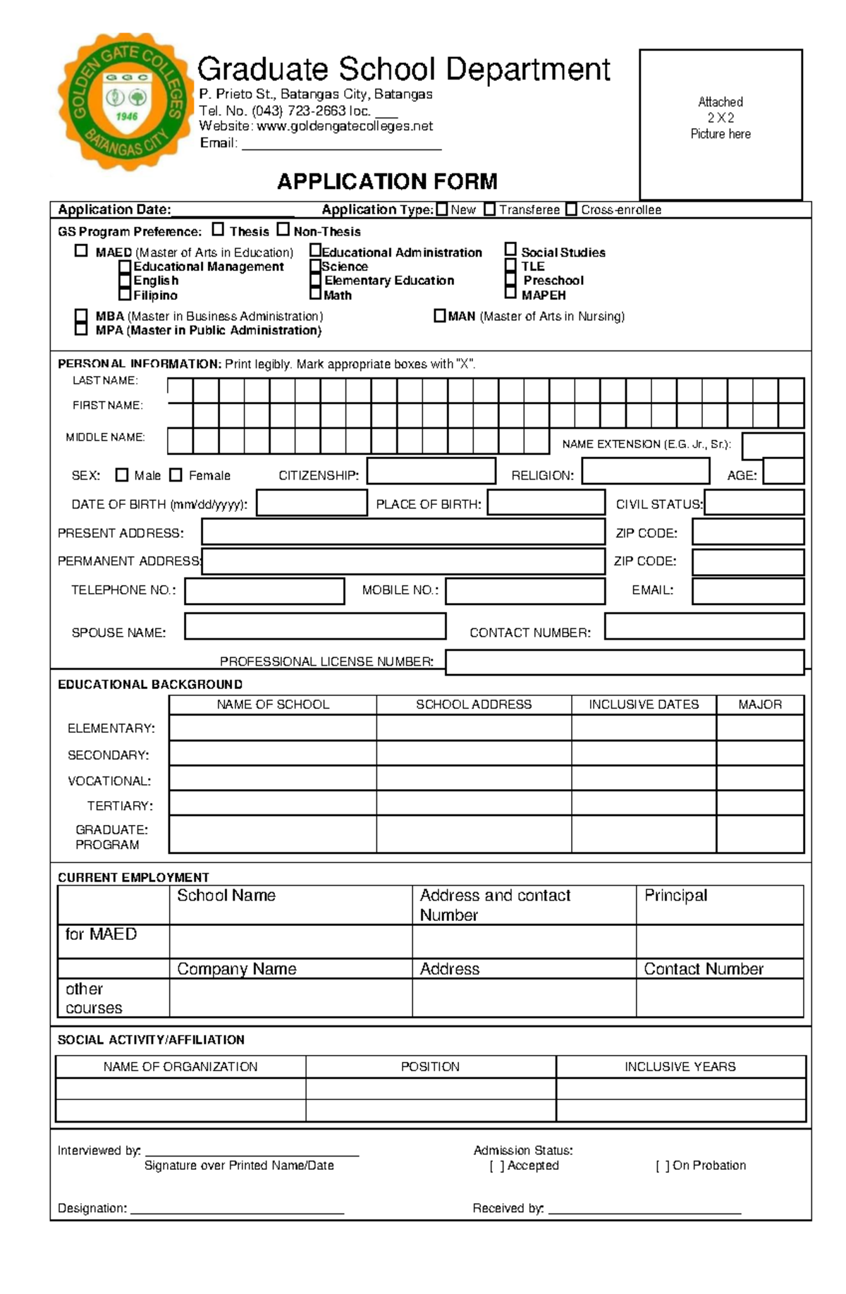 Golden GATE Masters FORM - Graduate School Department P. Prieto St ...