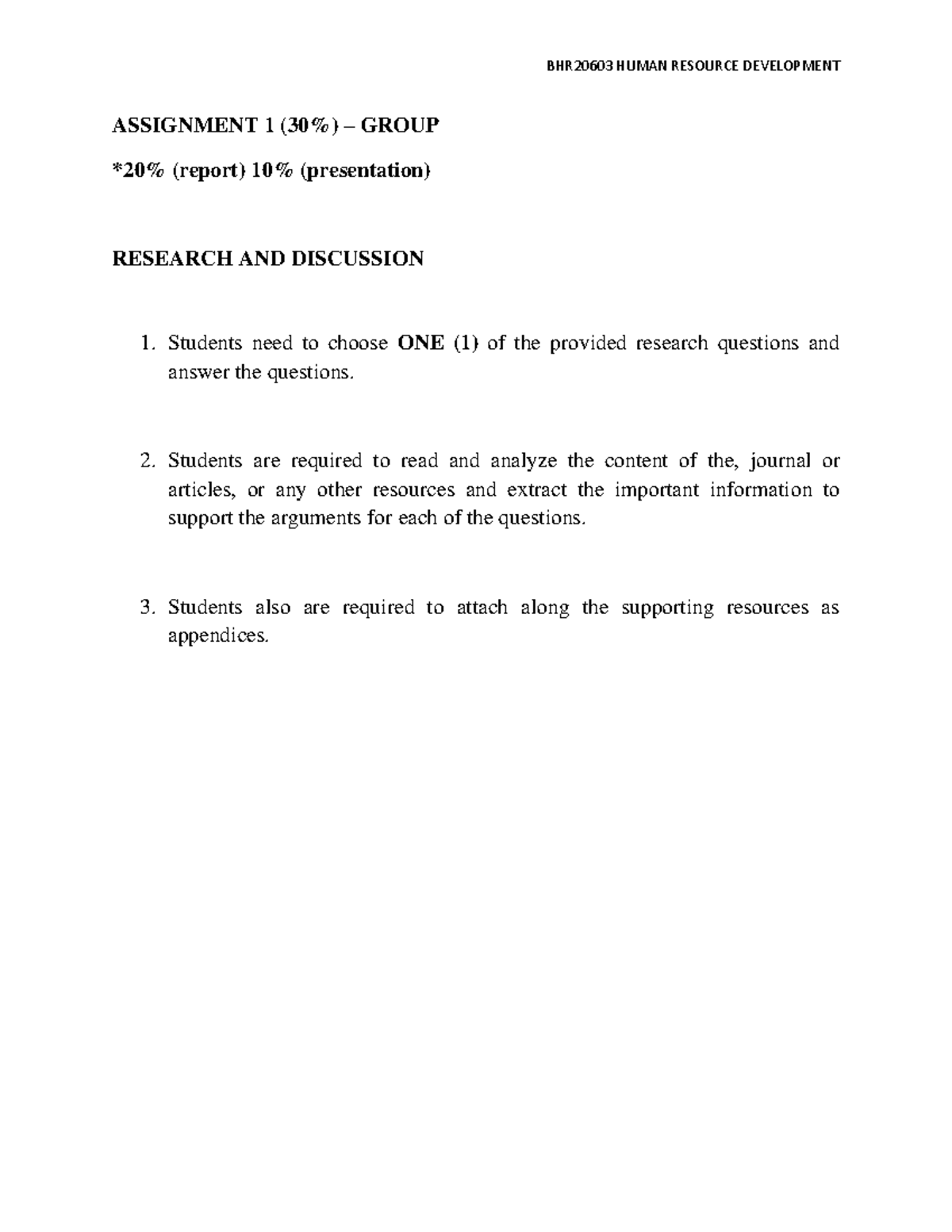 Assignment 1 - HRD - Assigment 1 - ASSIGNMENT 1 (30%) – GROUP *20% ...