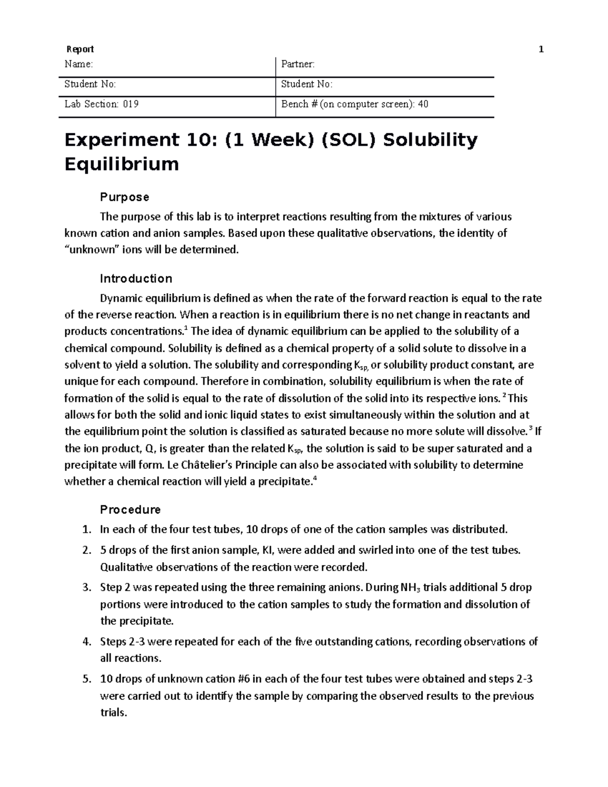 Lab #10 Solubility Equilibria - Name: Partner: Student No: Student No ...