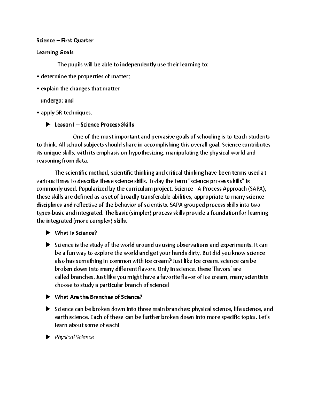 Science - Branches of Science etc 1 - Science – First Quarter Learning ...