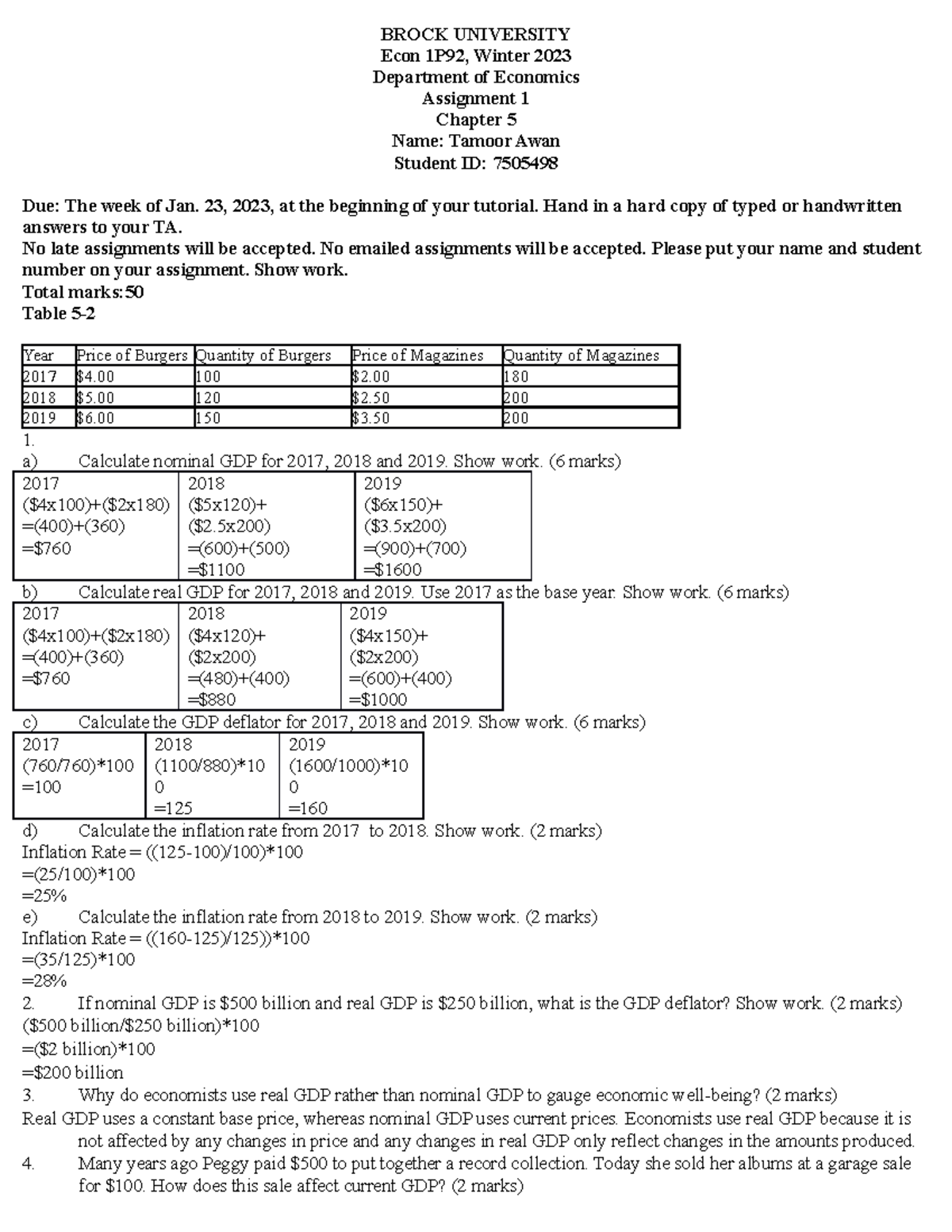 Assignment 1 Copy - BROCK UNIVERSITY Econ 1P92, Winter 2023 Department ...