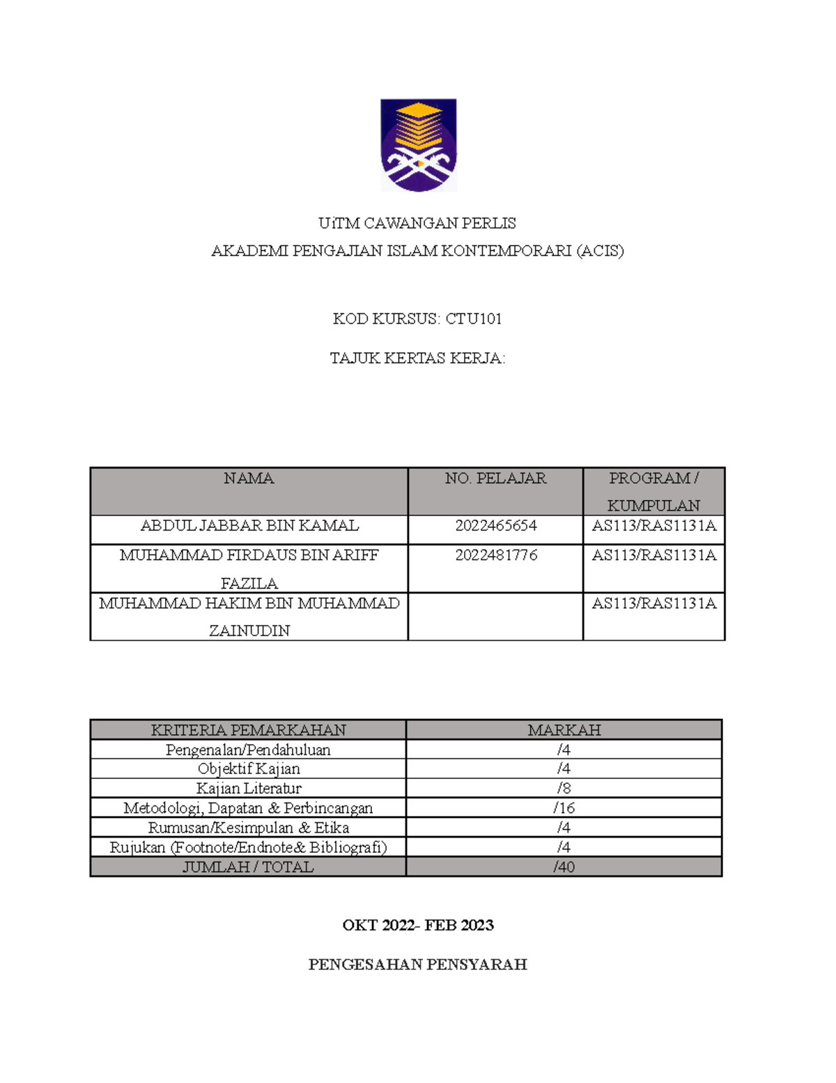 Kertas Kerja CTU - assignment - UiTM CAWANGAN PERLIS AKADEMI PENGAJIAN ...