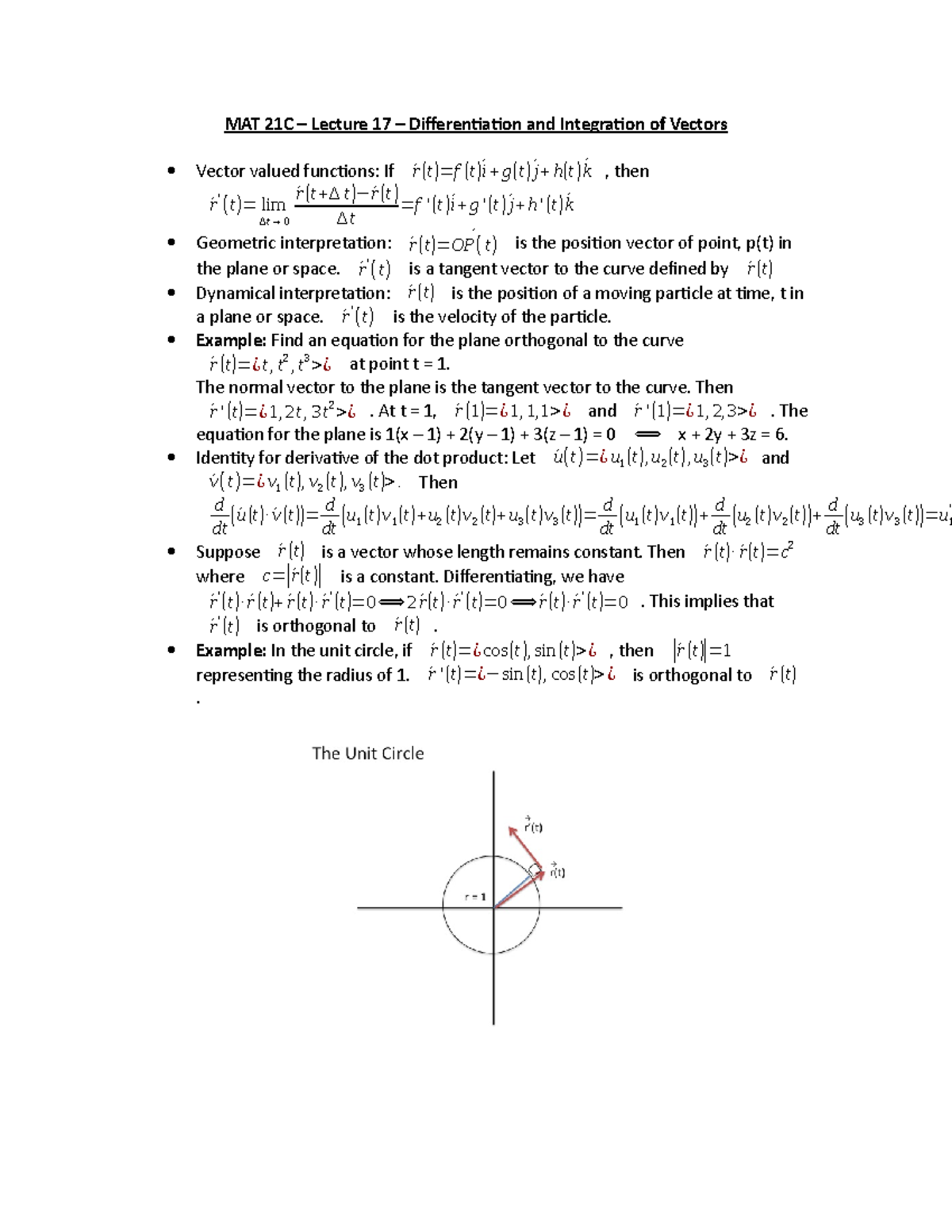 MAT 21C – Lecture 17 – Differentiation and Integration of Vectors - (t ...