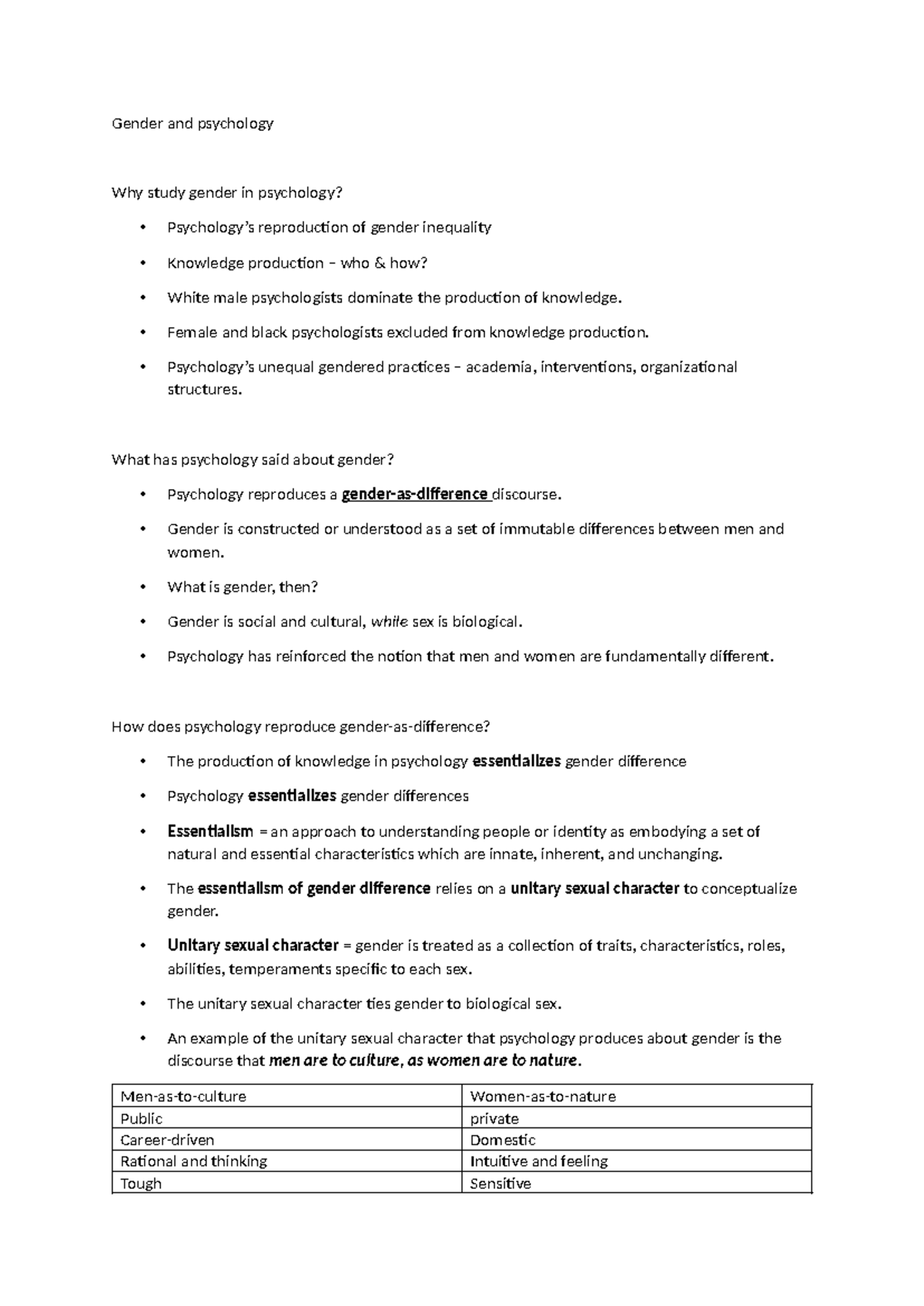 Gender and psychology notes - Gender and psychology Why study gender in ...