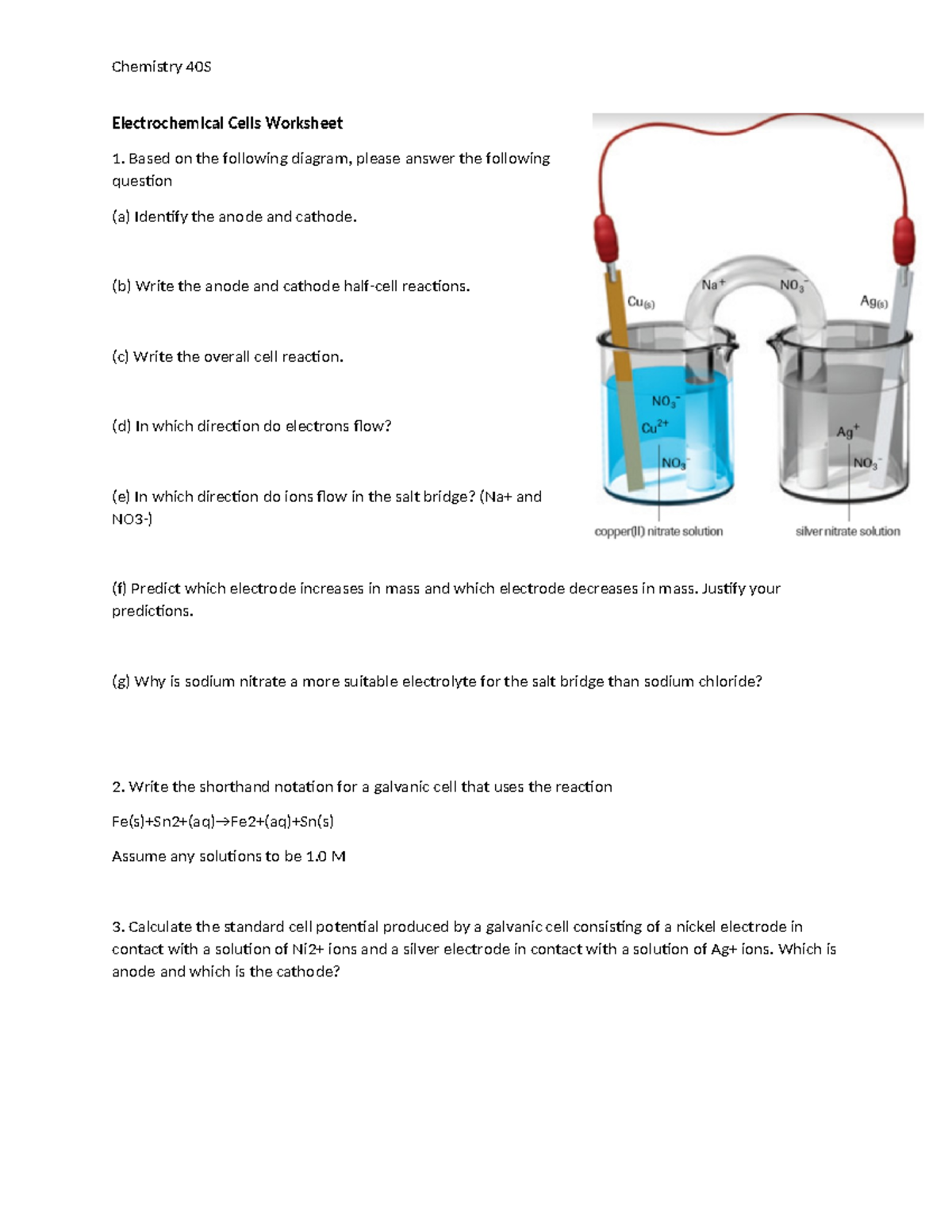 Electrochemical Cells Worksheet - Electrochemical Cells Worksheet Based ...