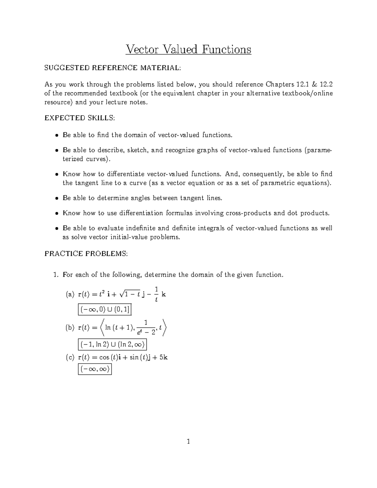 Homework 12 - Vector Valued Functions SUGGESTED REFERENCE MATERIAL: As ...