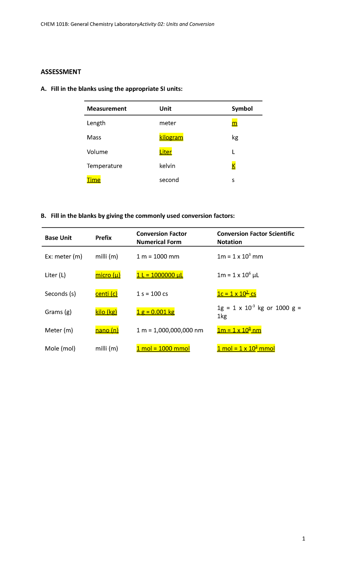 CHEM101B Act 02 Prelab-Unit Conversion - CHEM 101B: General Chemistry ...