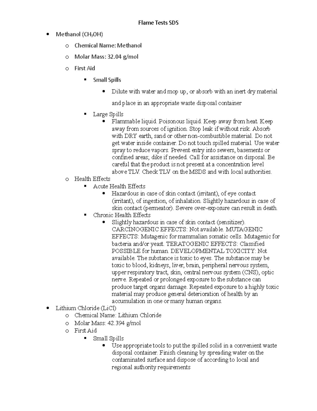 Flame Tests SDS - n/a - Flame Tests SDS Methanol (CH 3 OH) o Chemical ...