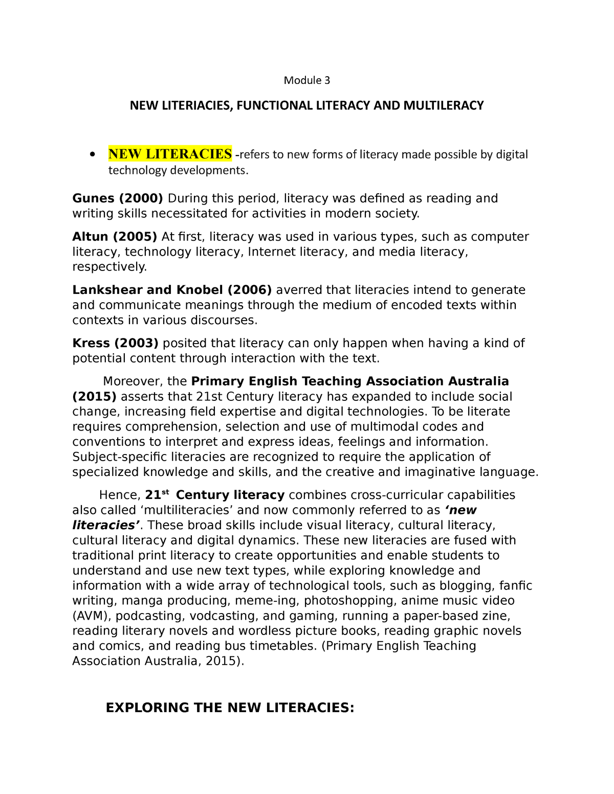 Module-3-NEW- Literacies Handout - Module 3 NEW LITERIACIES, FUNCTIONAL ...