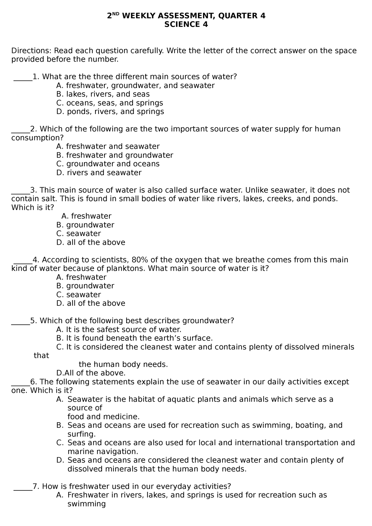 2ND Weekly Assessment q4 - 2 ND WEEKLY ASSESSMENT, QUARTER 4 SCIENCE 4 ...