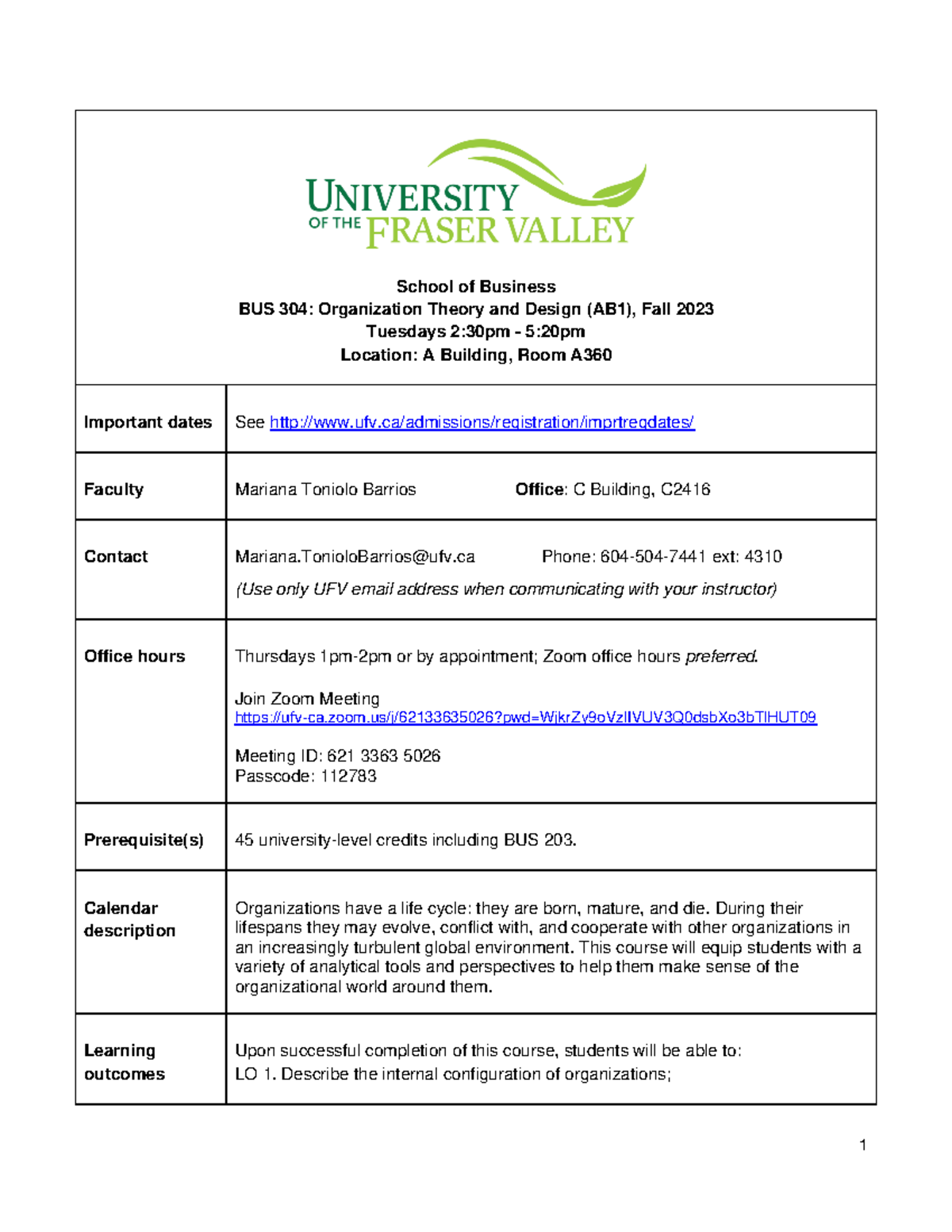 BUS 304 - outline - School of Business BUS 304: Organization Theory and ...
