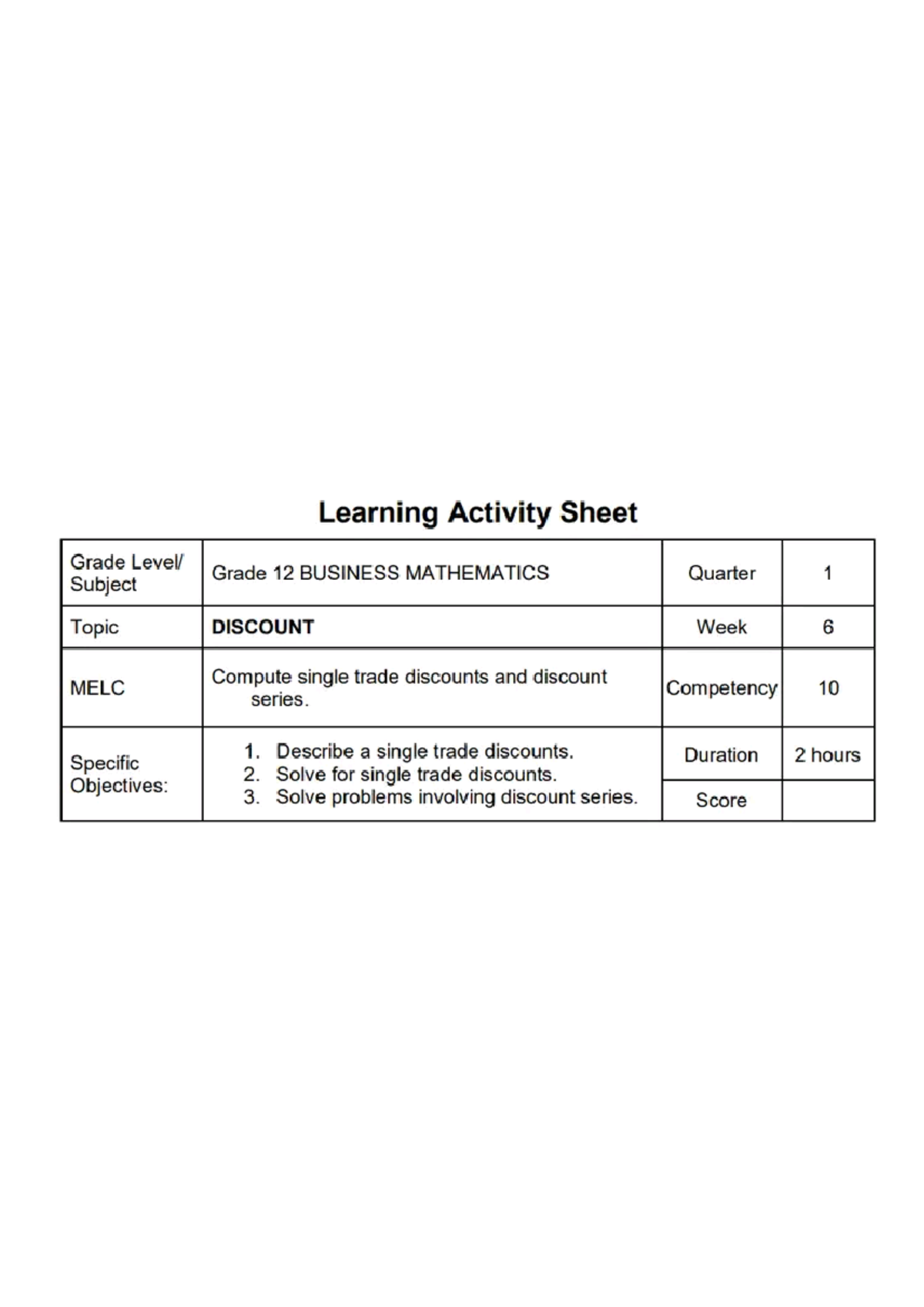 Business Math - Important - Learning Activity Sheet Grade Grade 12 ...