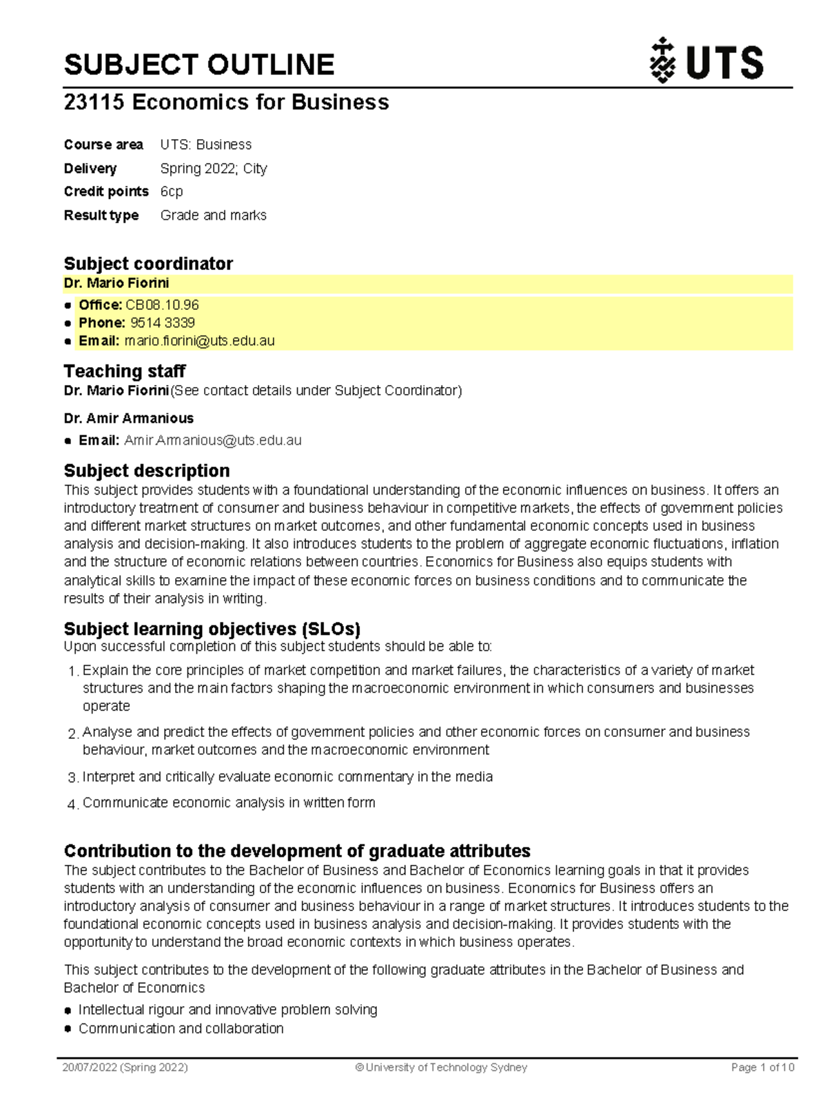 EIB Subject Outline - SUBJECT OUTLINE 23115 Economics for Business ...