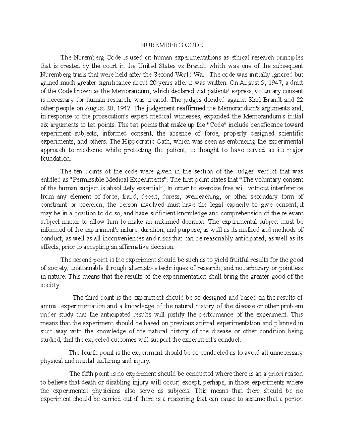 HCE SDL - nursing - NUREMBERG CODE The Nuremberg Code is used on human ...