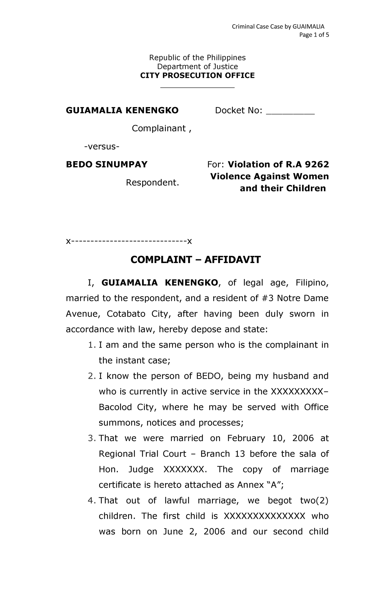 sample-complaint-affidavit-for-violation-of-ra-9262-page-1-of-5