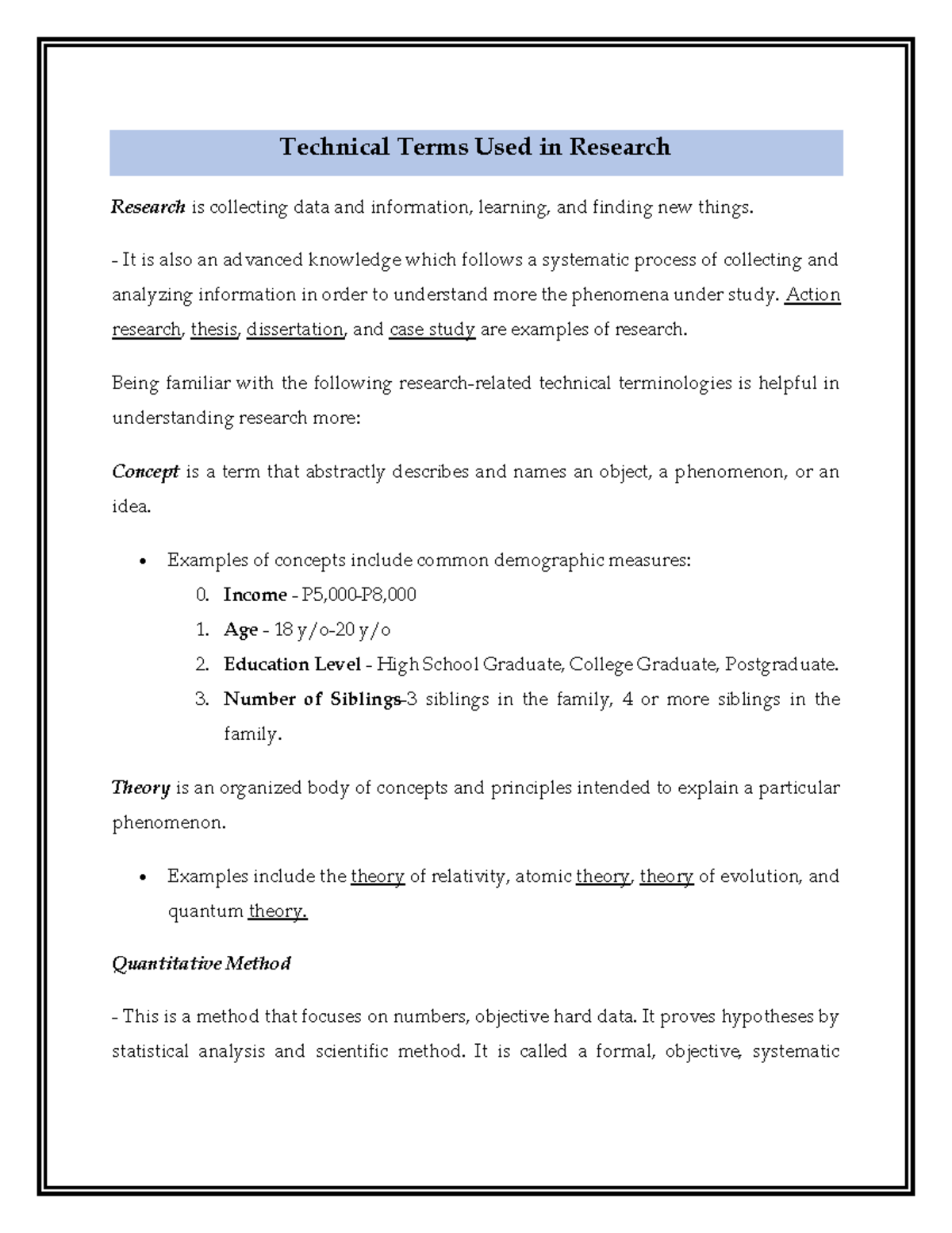 Technical Terms Used In Research Grade 10 Module