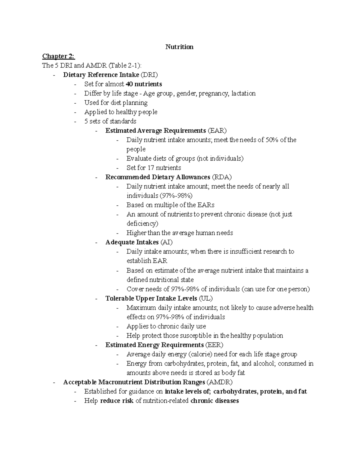 Nutrition Chapter 2 Review - Nutrition Chapter 2: The 5 DRI and AMDR ...