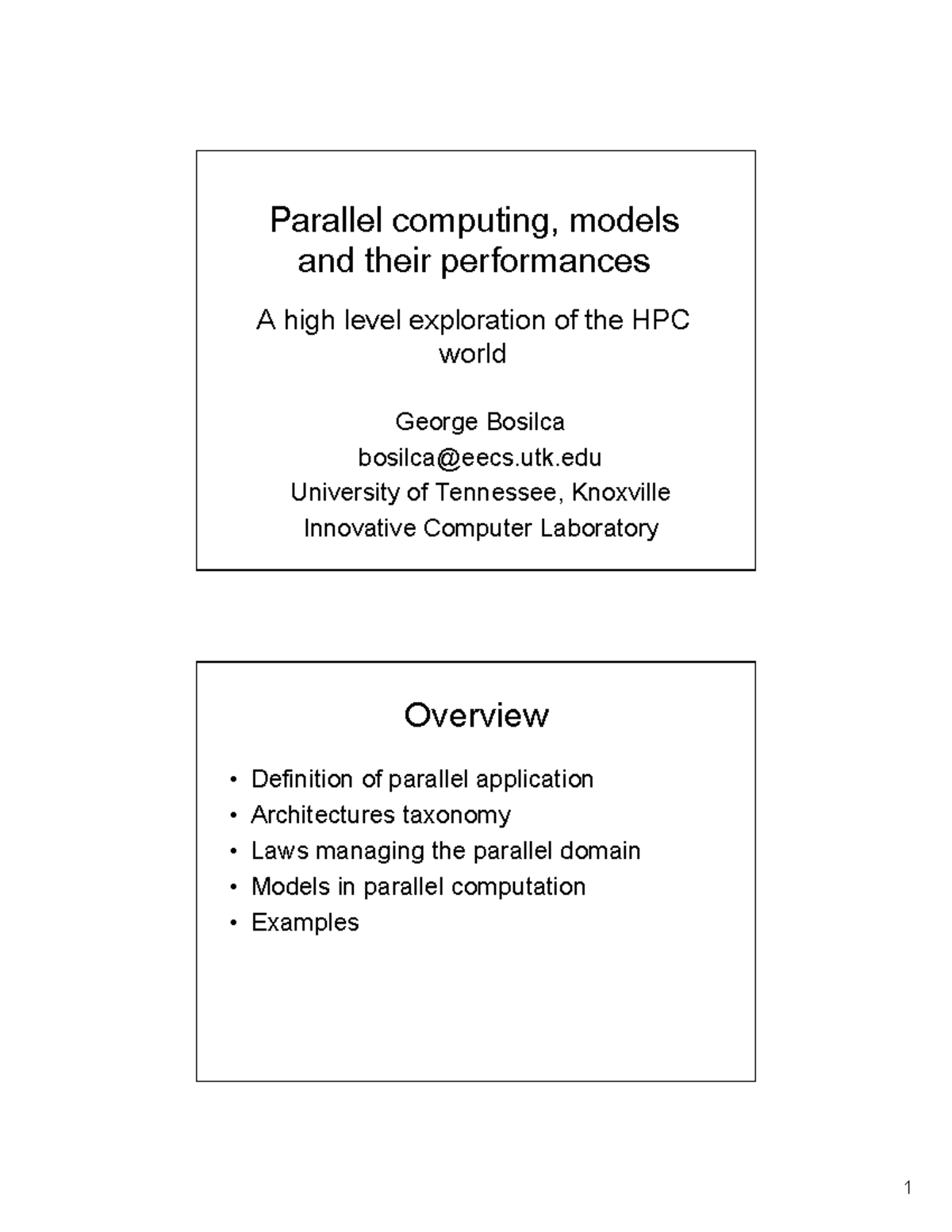 Parallel computing, models and their performances - utk University of ...