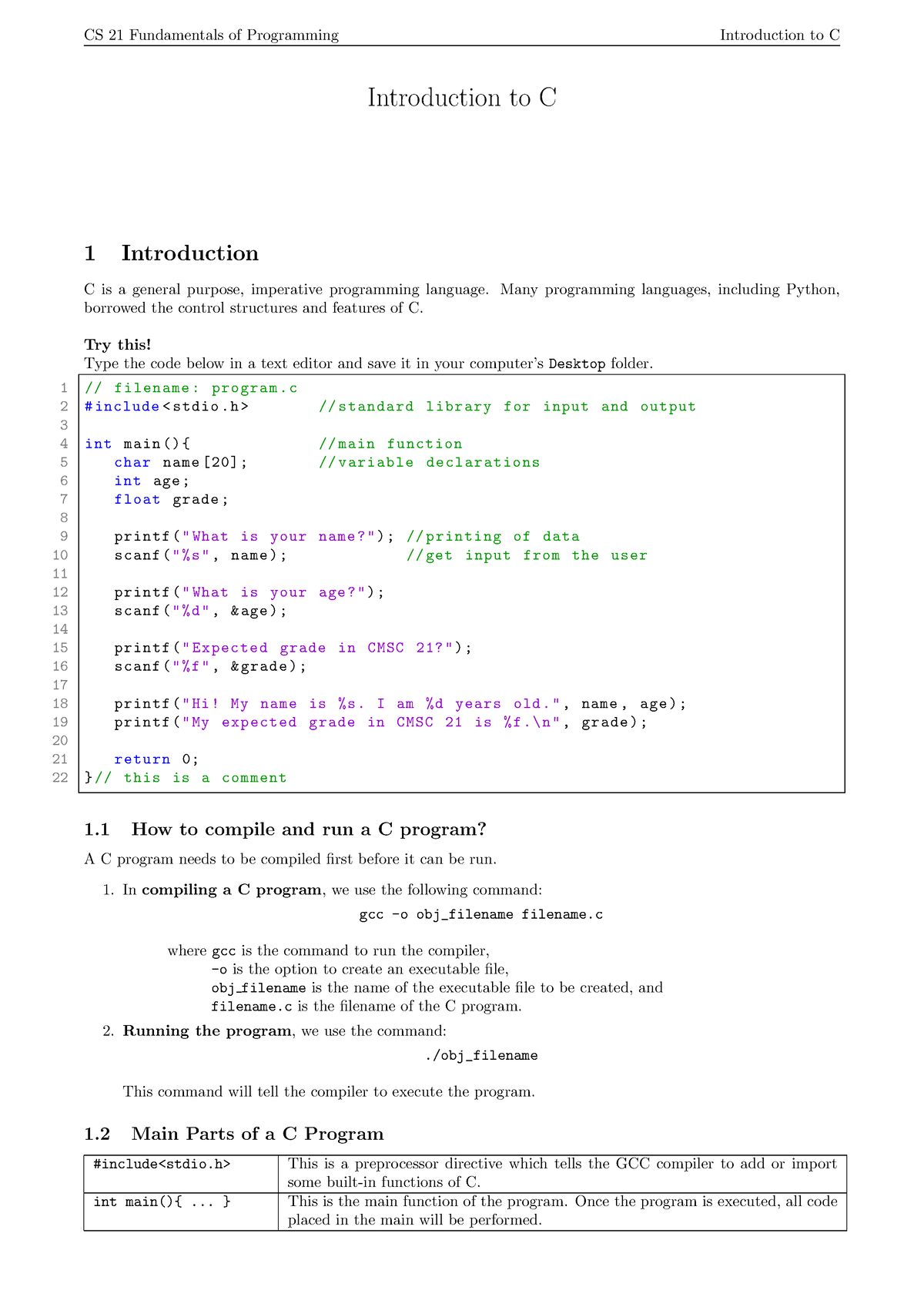 01 introduction to C 01 - CS 21 Fundamentals of Programming ...