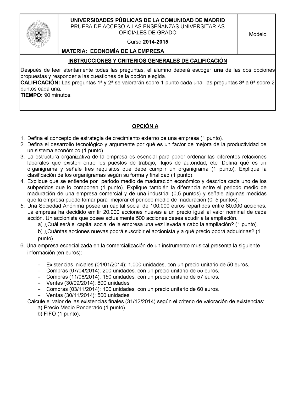 2015-Modelo - Examen De Selectividad Economia - UNIVERSIDADES PÚBLICAS ...