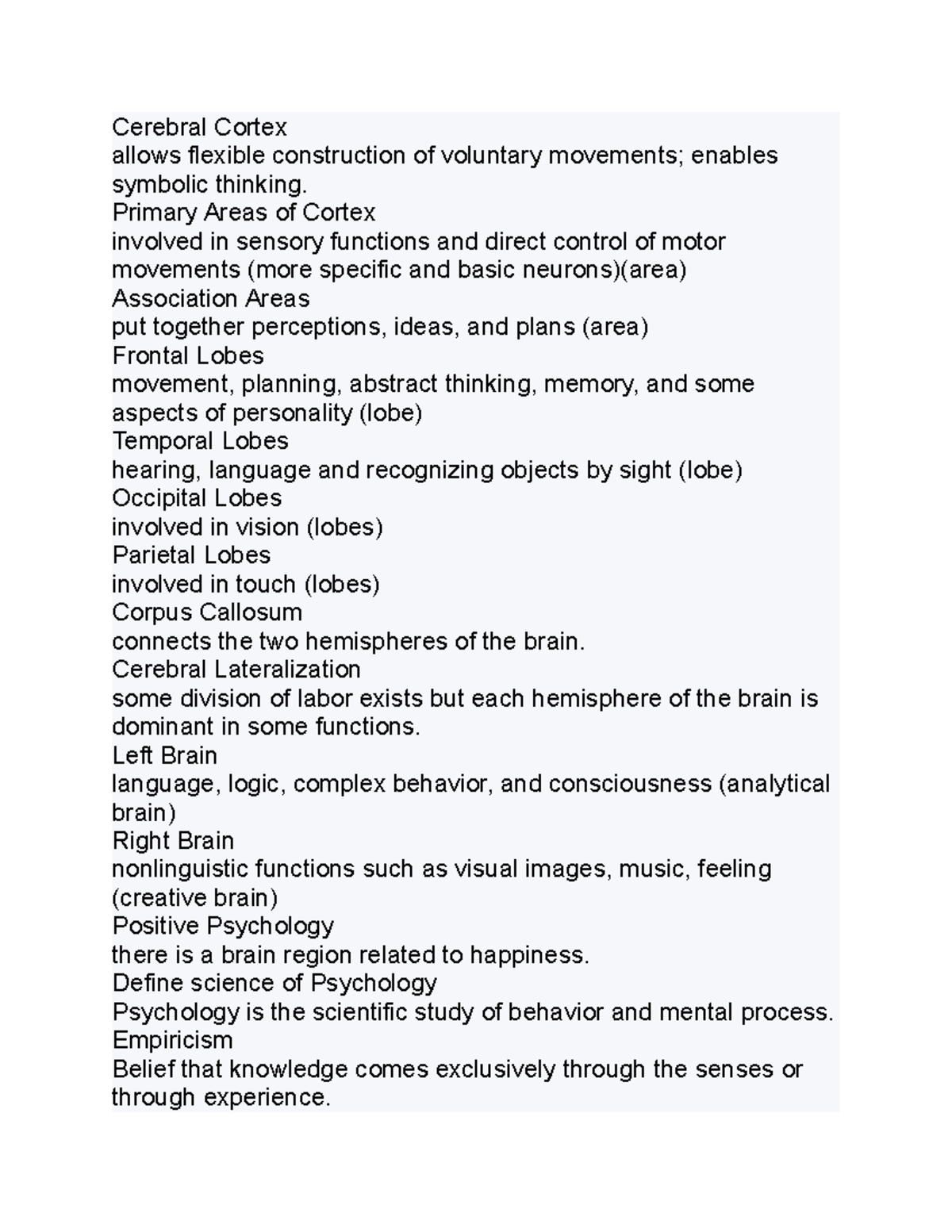 Psy 9 - Practice Materials for studying - Cerebral Cortex allows ...