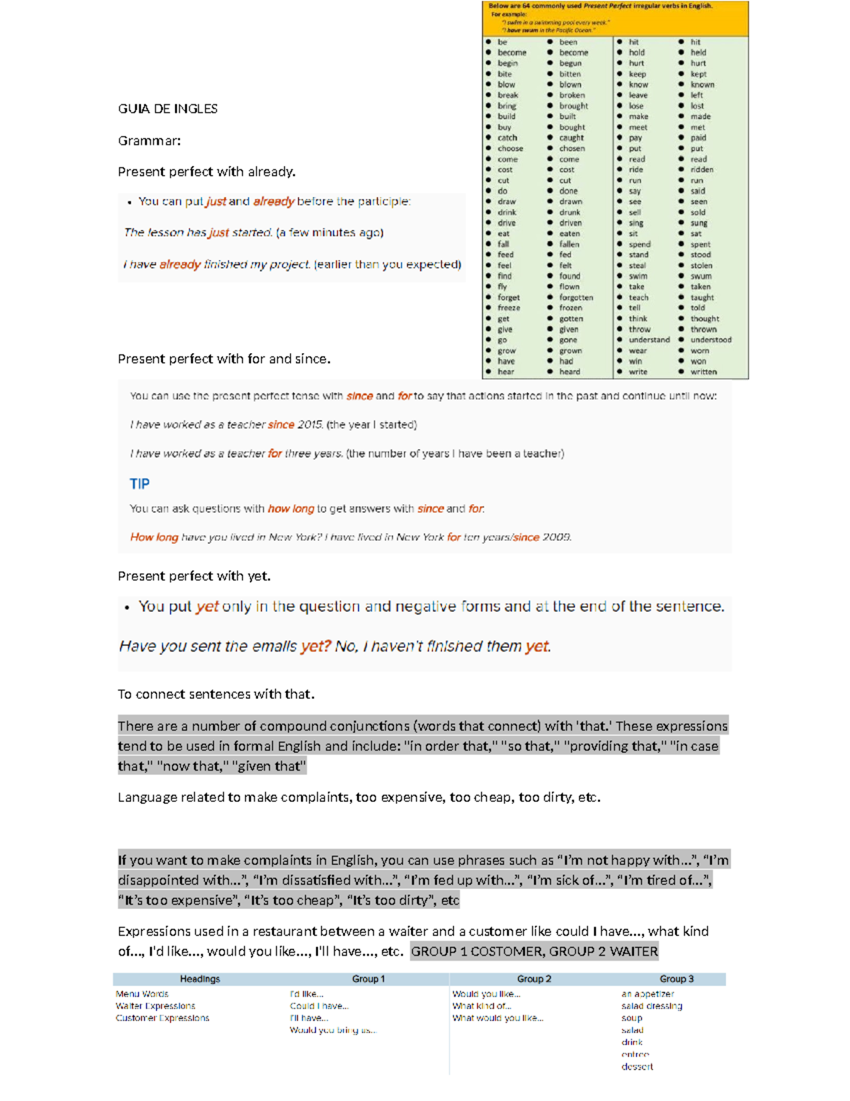GUIA DE Ingles - GUIA DE INGLES Grammar: Present perfect with already ...
