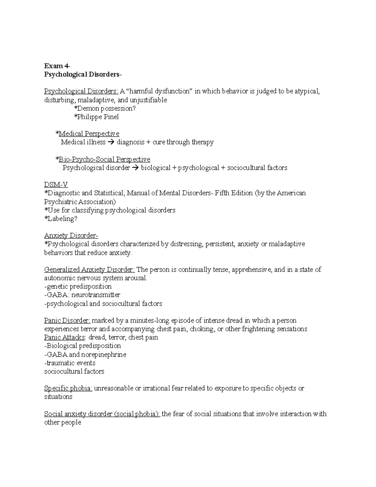 Psych Notes Exam 4 - Exam 4Psychological DisordersPsychological ...