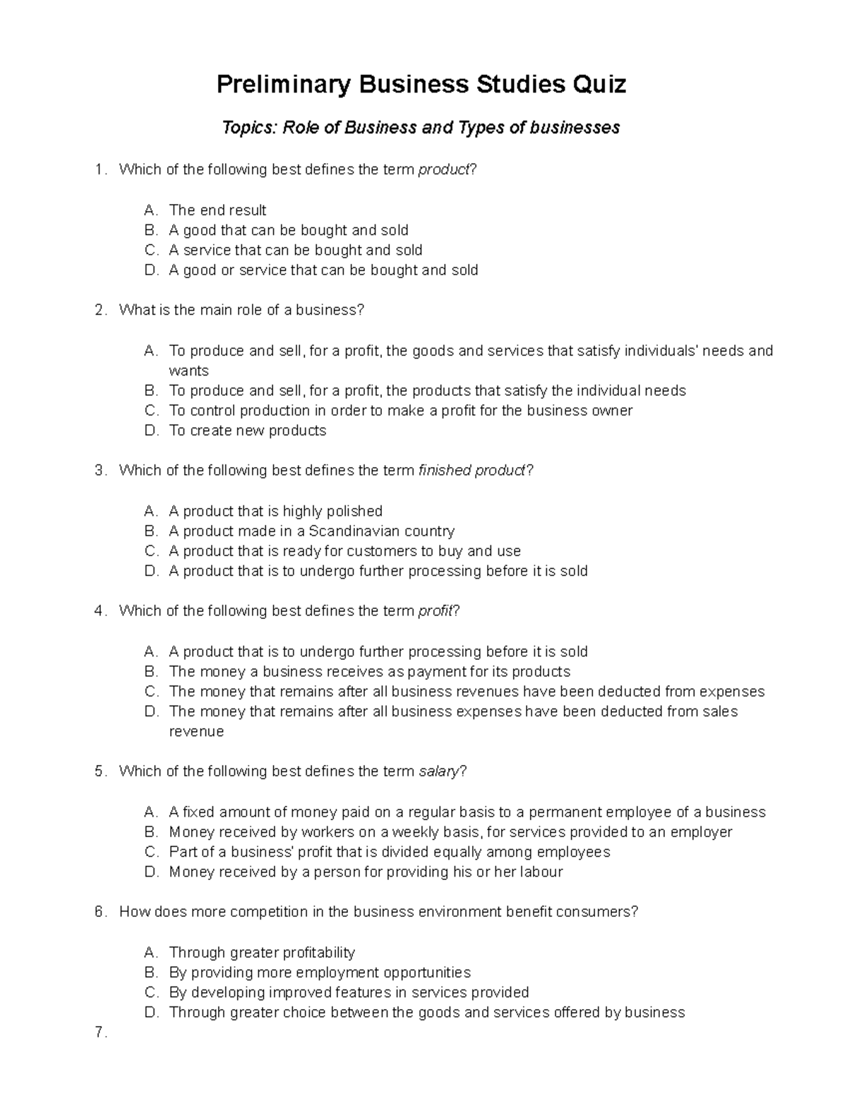 business planning multiple choice questions and answers