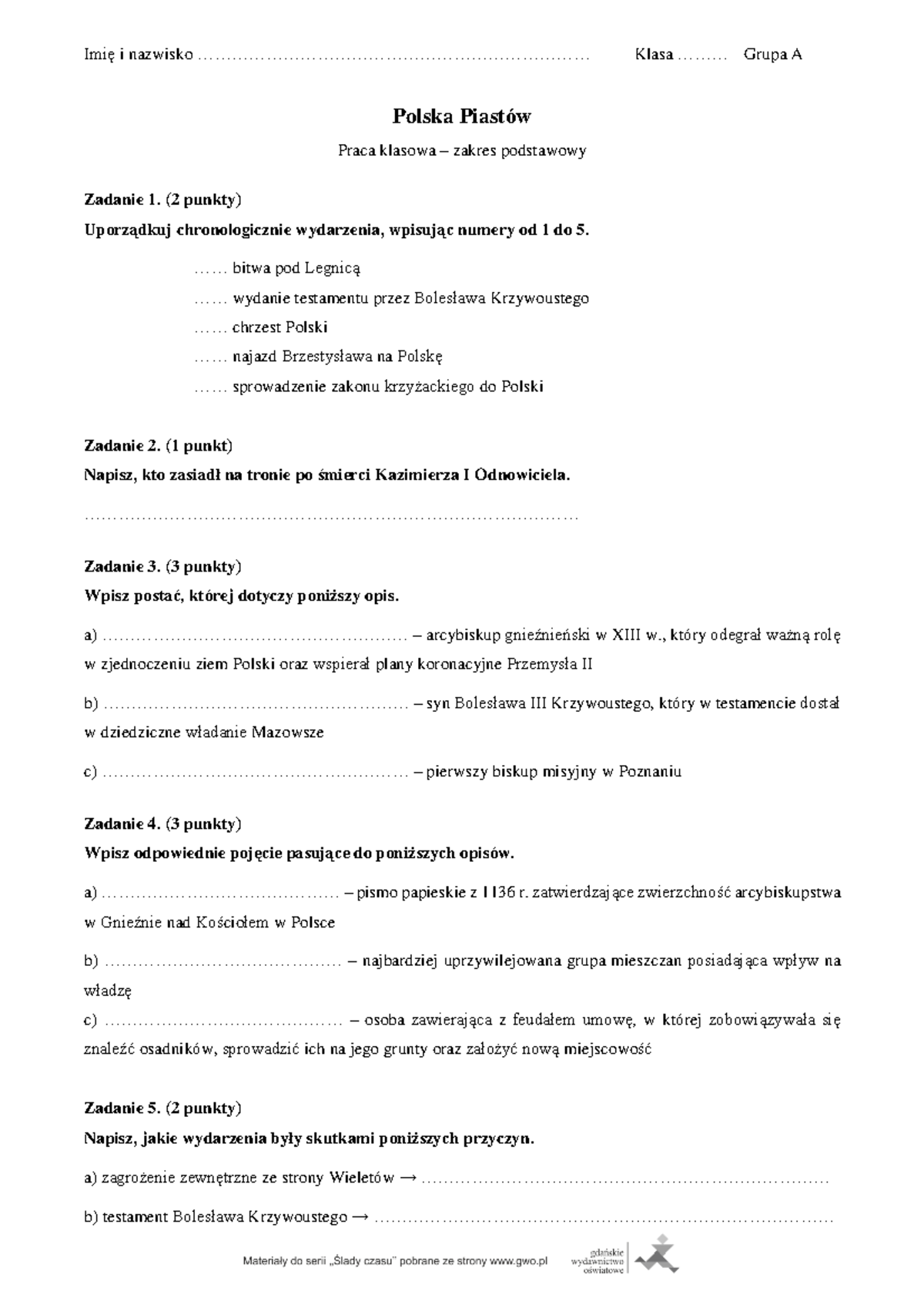 Historia 2 Gimnazjum Sprawdzian Polska Piastów www.studocu.com