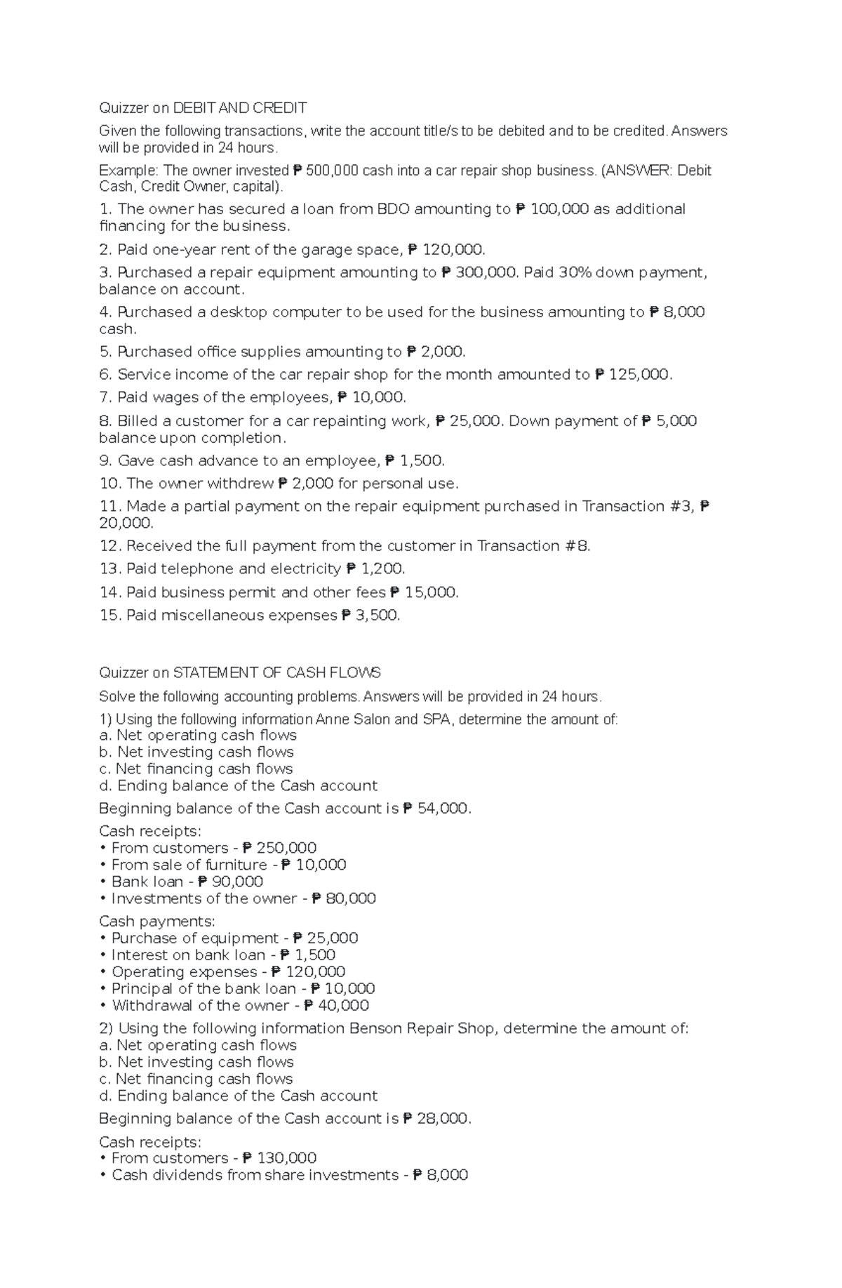Accounting Transactions to Practice - Quizzer on DEBIT AND CREDIT Given ...