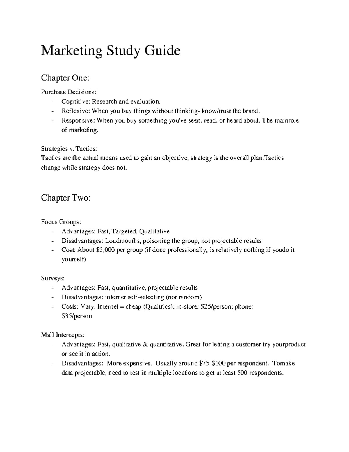 Marketing Study Guide Marketing Study Guide Chapter One Purchase Decisions Cognitive