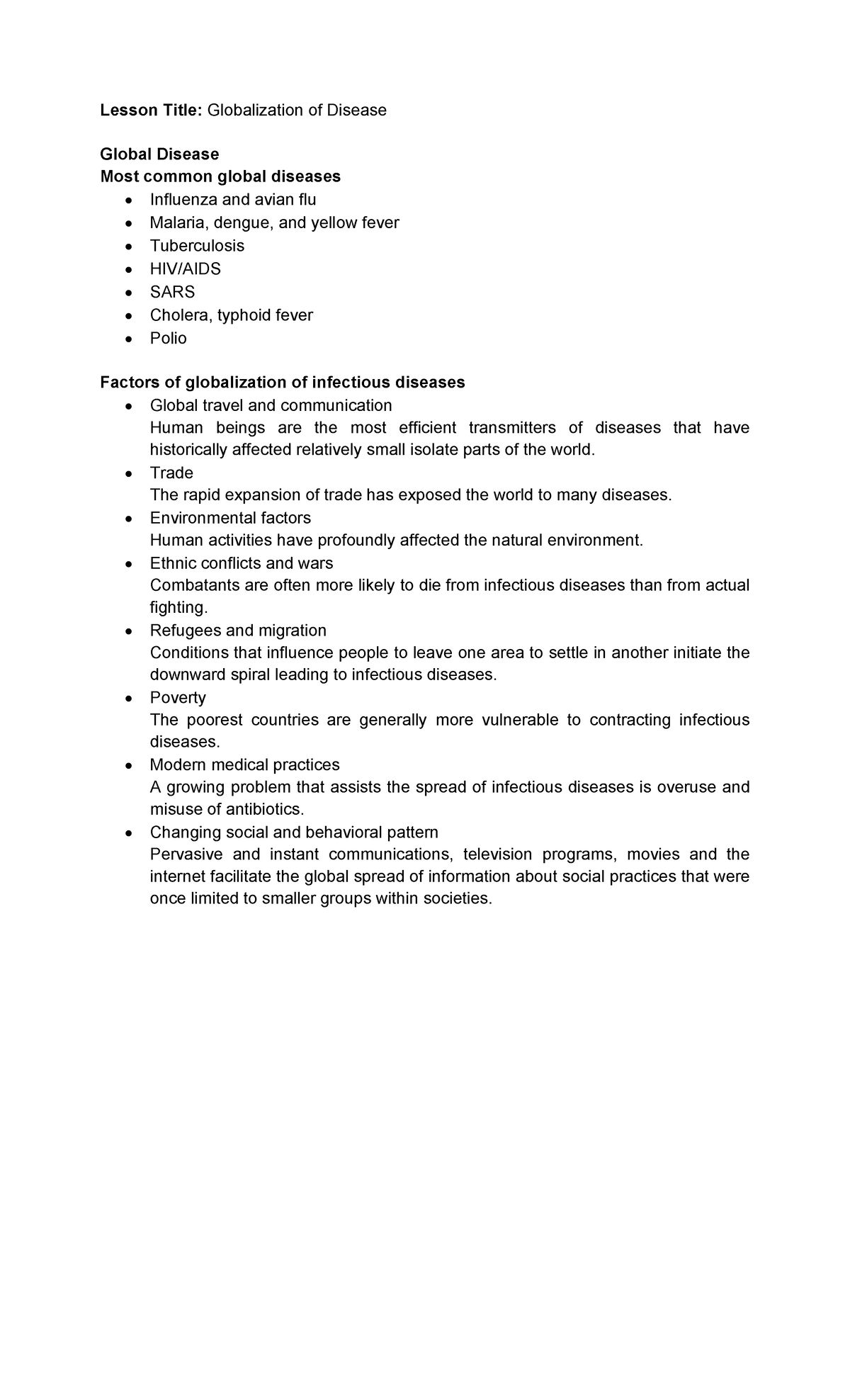 Globalization of Disease - Lesson Title: Globalization of Disease ...