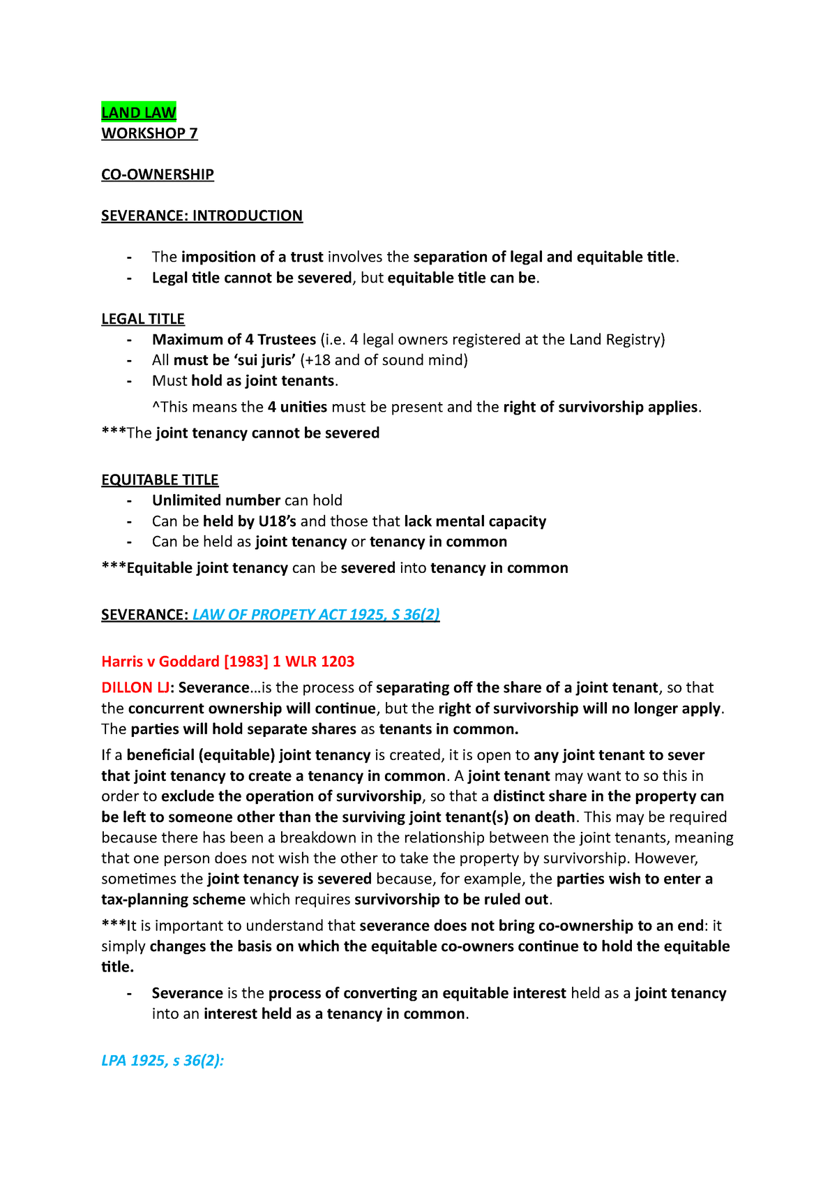 Severance Introduction LAND LAW 7 COOWNERSHIP SEVERANCE