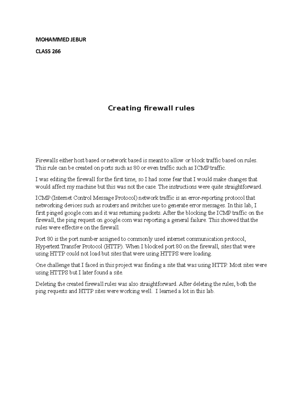 Creating Firewall Rules MOHAMMED JEBUR CLASS 266 Creating Firewall