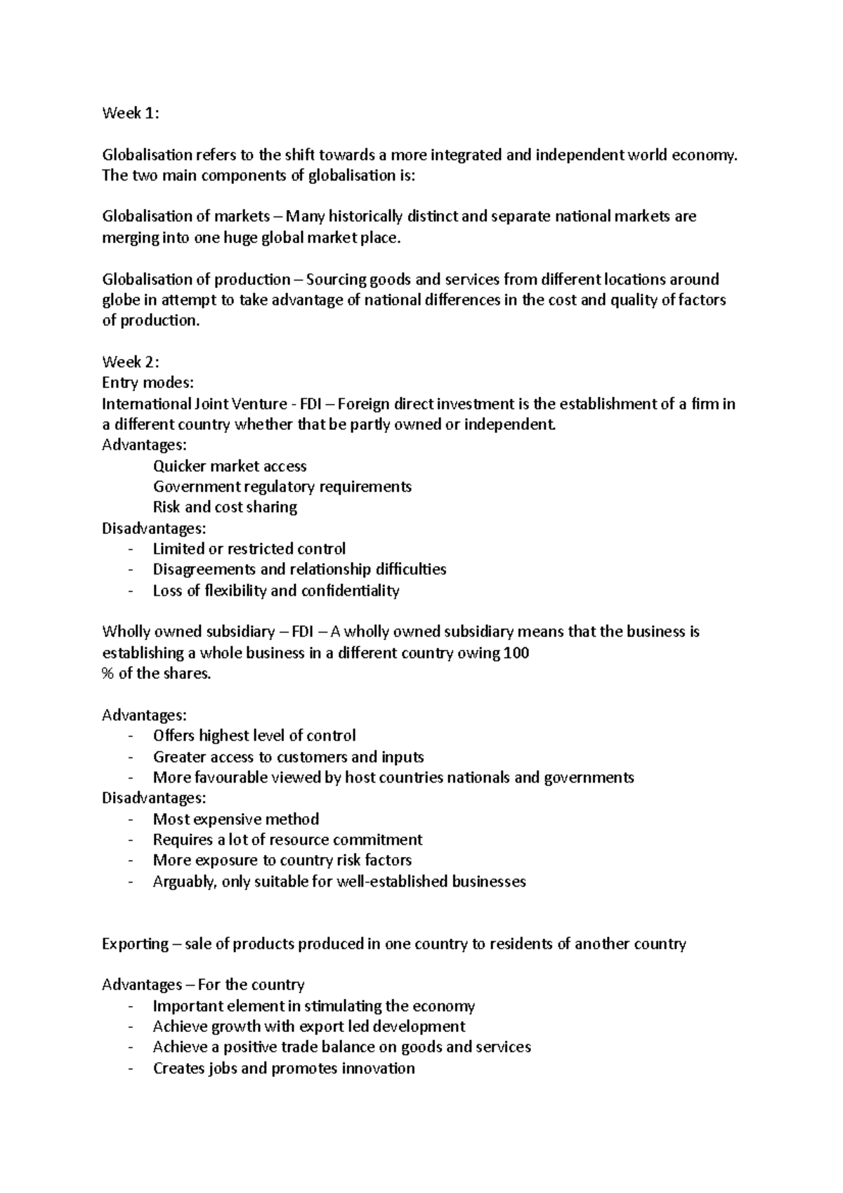Study notes - Week 1: Globalisation refers to the shift towards a more ...