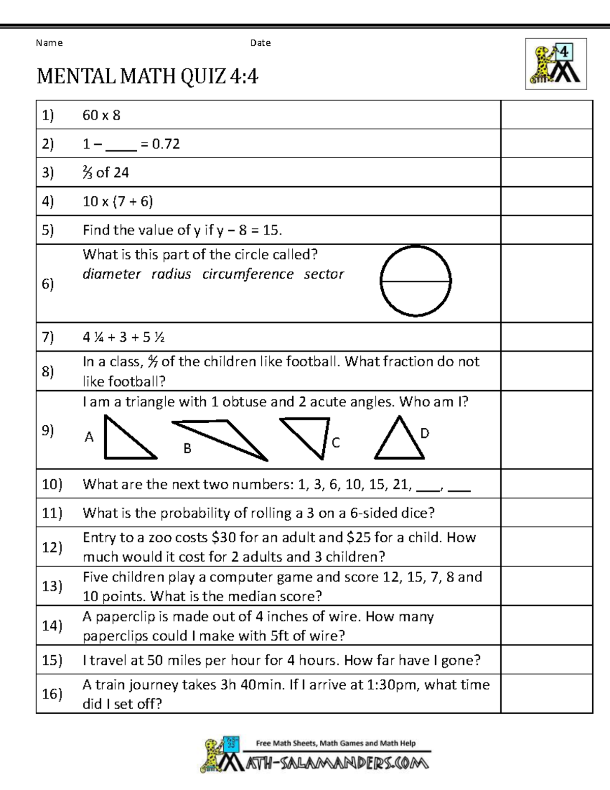 Mental math 4th grade 4 - Math - Name Date MENTAL MATH QUIZ 4: 60 x 8 1 ...