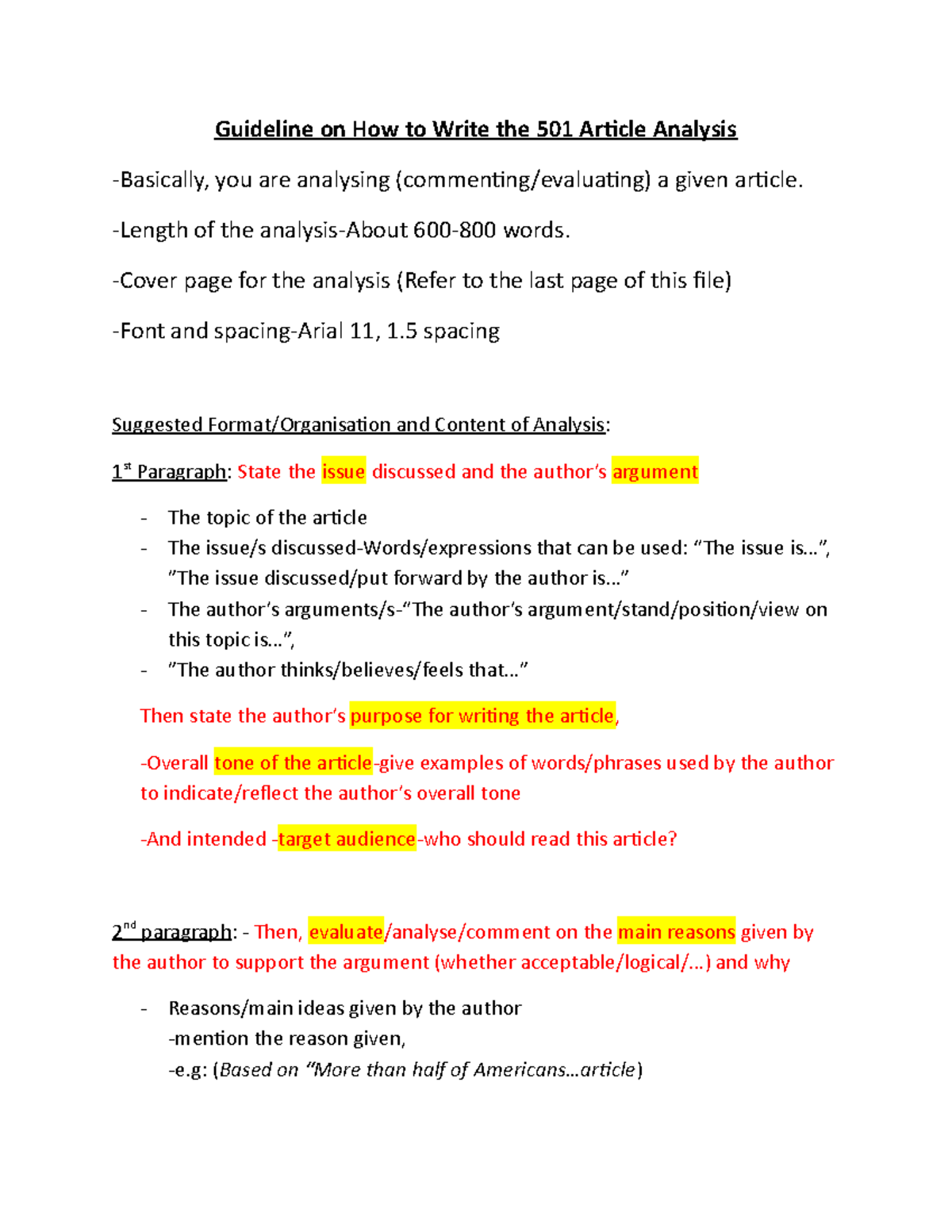 ELC501 Guidelines On How To Write The Article Analysis - Guideline On ...