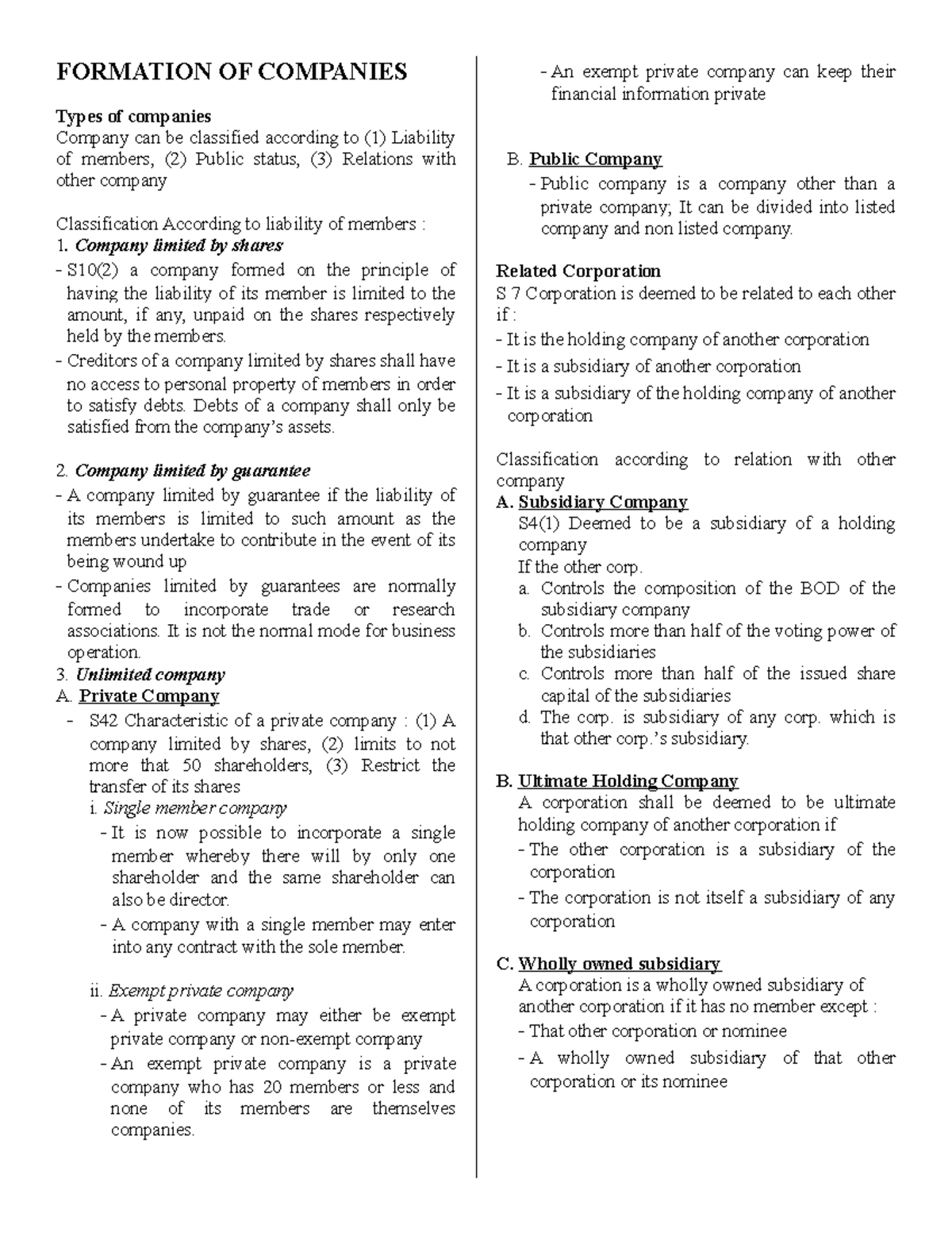 Company Law Notes - FORMATION OF COMPANIES Types of companies Company ...