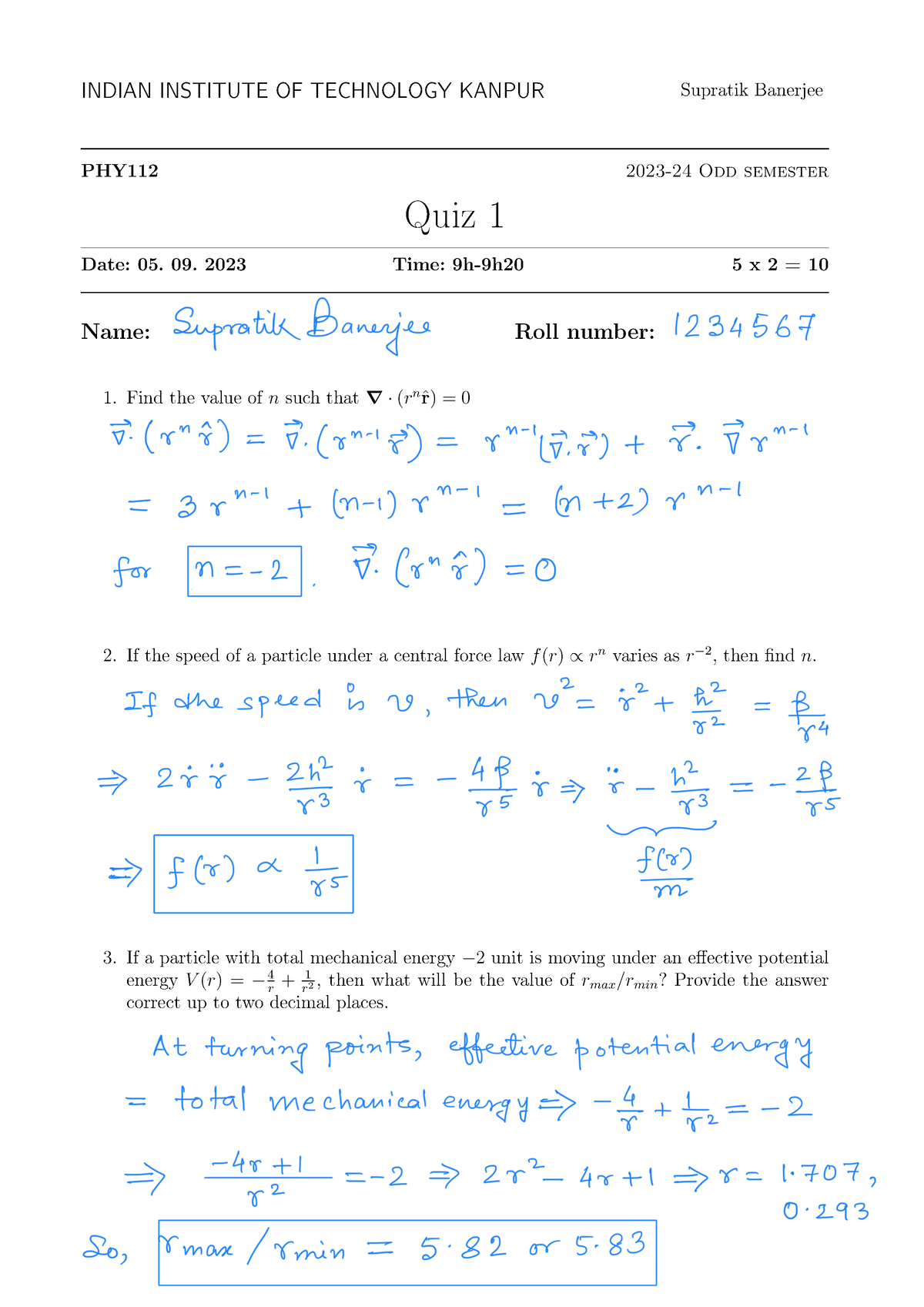 Quiz 1 PHY 112 2023-1 - QUIZ By Supratik Banarjee - INDIAN INSTITUTE OF ...