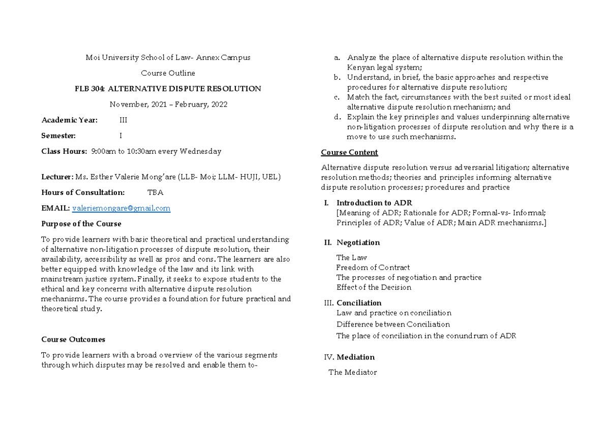 Adr Course Outline Of 2023 Moi University School Of Law Annex Campus Course Outline Flb 304 8035