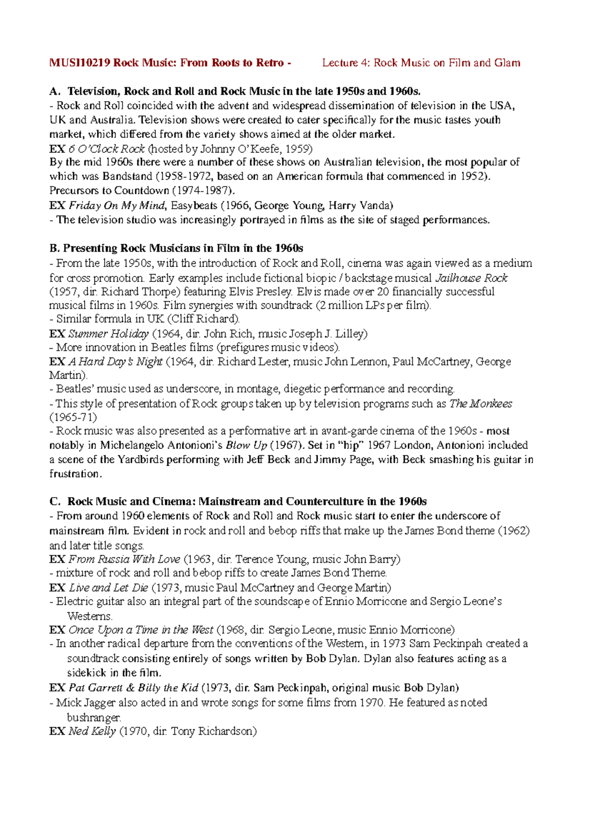 Rock Lecture 4 Notes 2020 MUSI10219 Rock Music From Roots To Retro