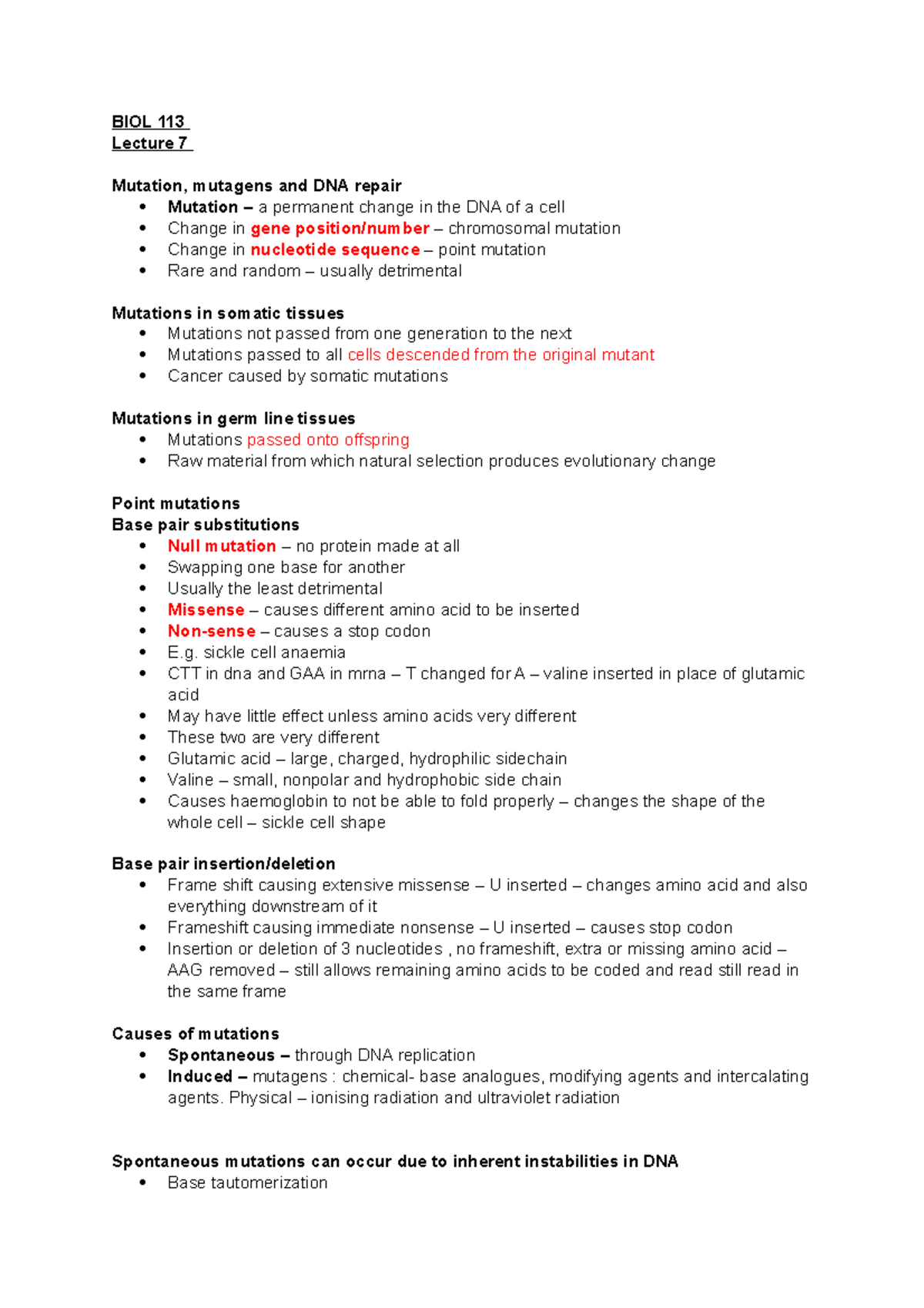 Lecture 7 Biol 113 Lecture 7 Mutation Mutagens And Dna Repair Mutation A Permanent Change In Studocu